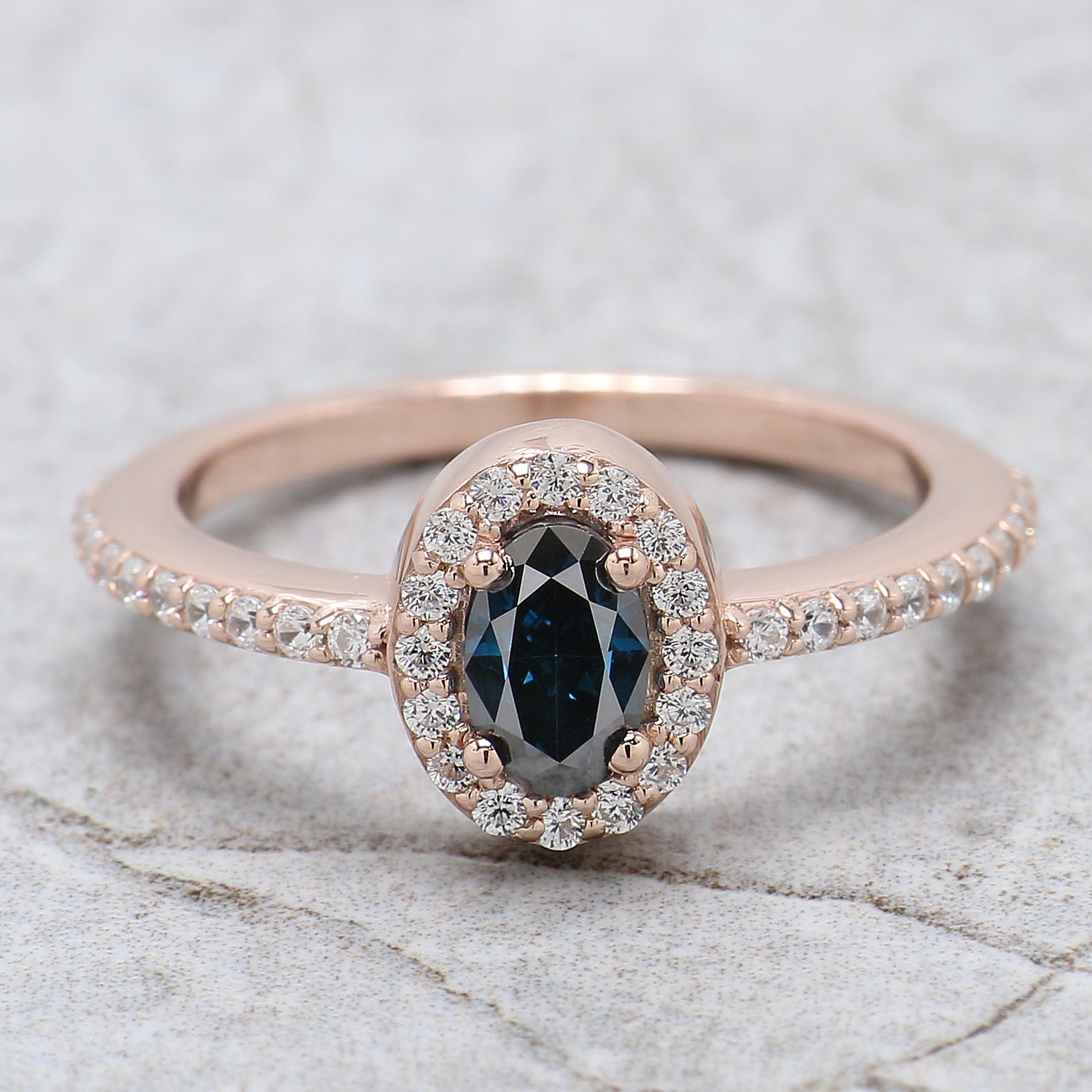 Oval Cut Blue Color Diamond Ring 0.55 Ct 6.00 MM Blue Oval Shape Diamond Ring 14K Solid Rose Gold Silver Engagement Ring Gift For Her QL8522