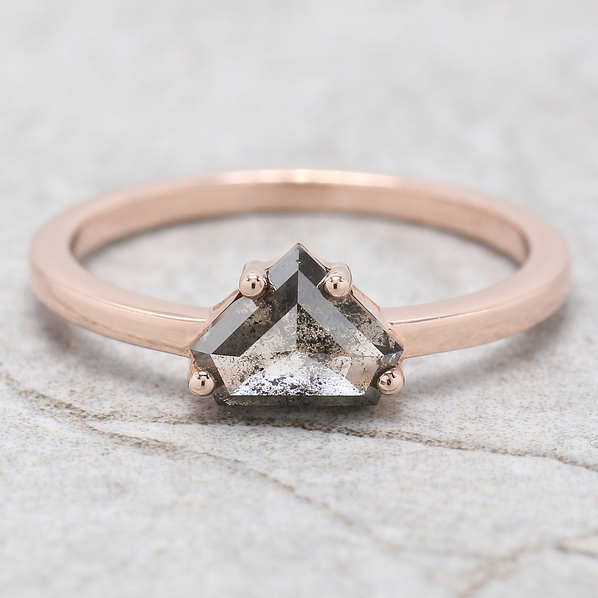 0.89 Ct Natural Shield Cut Salt And Pepper Diamond Ring 5.77 MM Shield Shape Diamond Ring 14K Solid Rose Gold Silver Engagement Ring QL9565