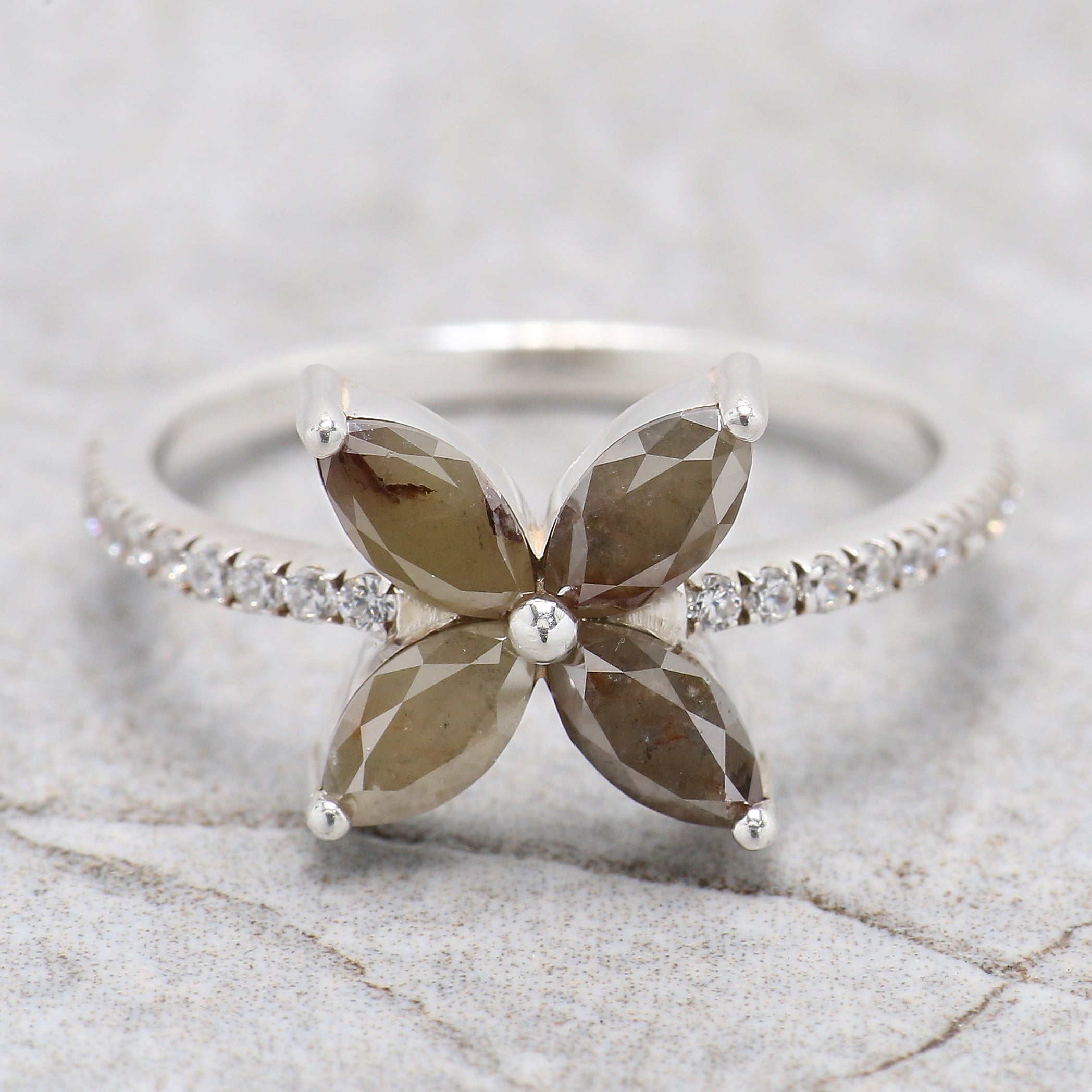 Marquise Yellow Color Diamond Ring 1.01 Ct 6.00 MM Grey Marquise Cut Diamond Ring 14K White Gold Silver Engagement Ring Gift For Her QL9113