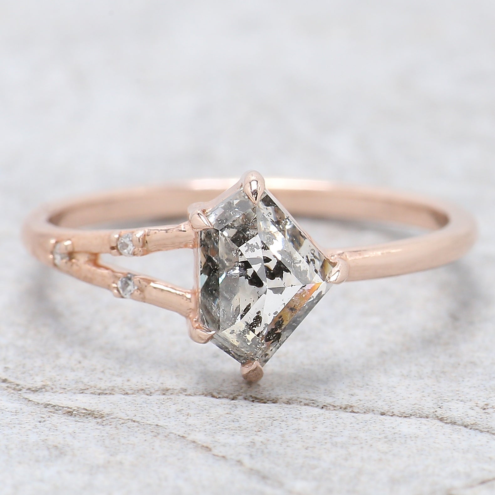 Shield Cut Salt And Pepper Diamond Ring 1.12 Ct 5.62 MM Shield Diamond Ring 14K Solid Rose Gold Silver Engagement Ring Gift For Her QL2593