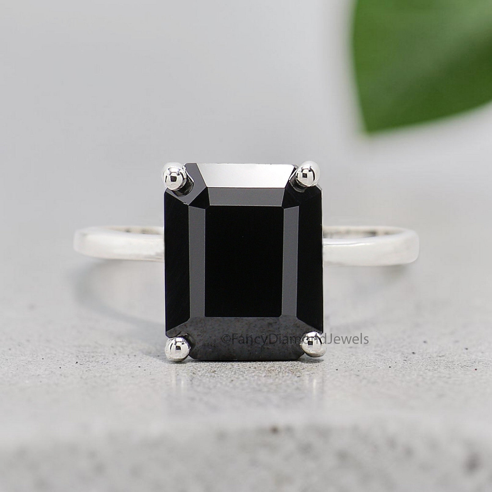 Black Onyx Engagement Ring, Emerald Cut Solitaire Ring, Sterling Silver Emerald Shape Diamond Simulant Ring, Anniversary Gift for Her FD563
