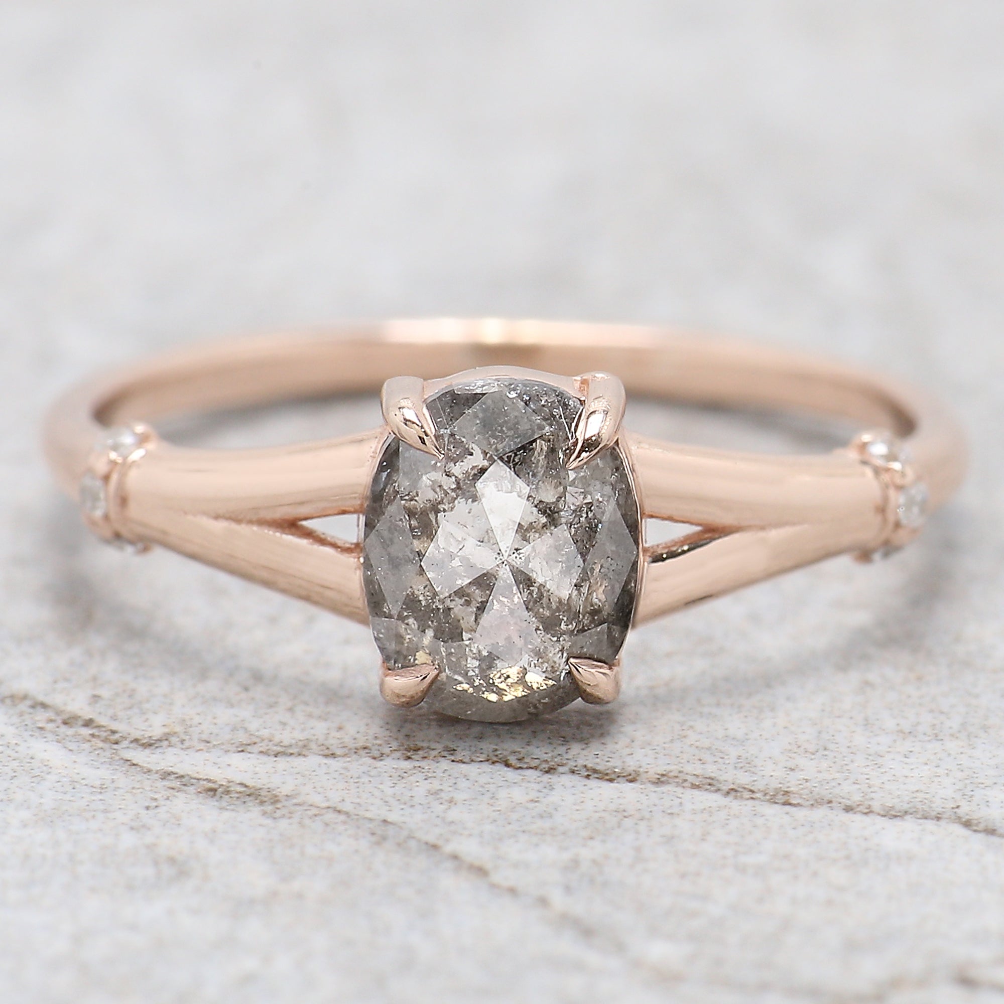 Oval Cut Salt And Pepper Diamond Ring 0.89 Ct 6.90 MM Oval Shape Diamond Ring 14K Solid Rose Gold Silver Engagement Ring Gift For Her QL1445