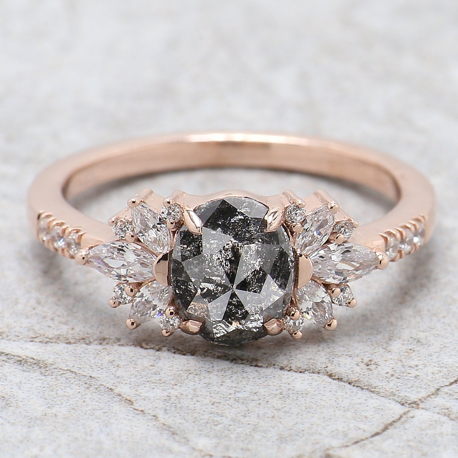 Oval Cut Salt And Pepper Diamond Ring 1.18 Ct 7.45 MM Oval Diamond Ring 14K Solid Rose Gold Silver Oval Engagement Ring Gift For Her QL2273