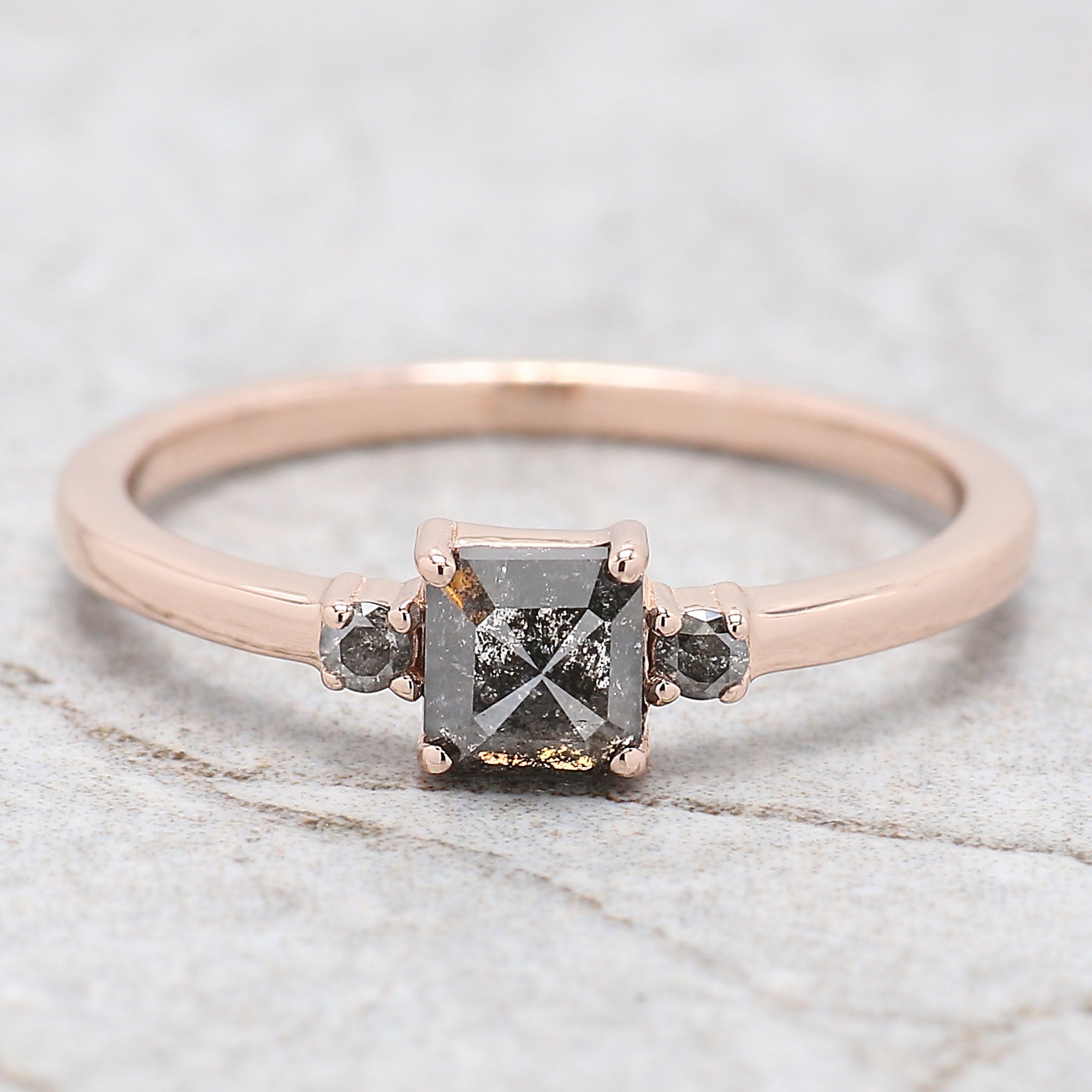 Emerald Cut Salt And Pepper Diamond Ring 0.47 Ct 4.50 MM Emerald Diamond Ring 14K Solid Rose Gold Silver Engagement Ring Gift For Her QL6853