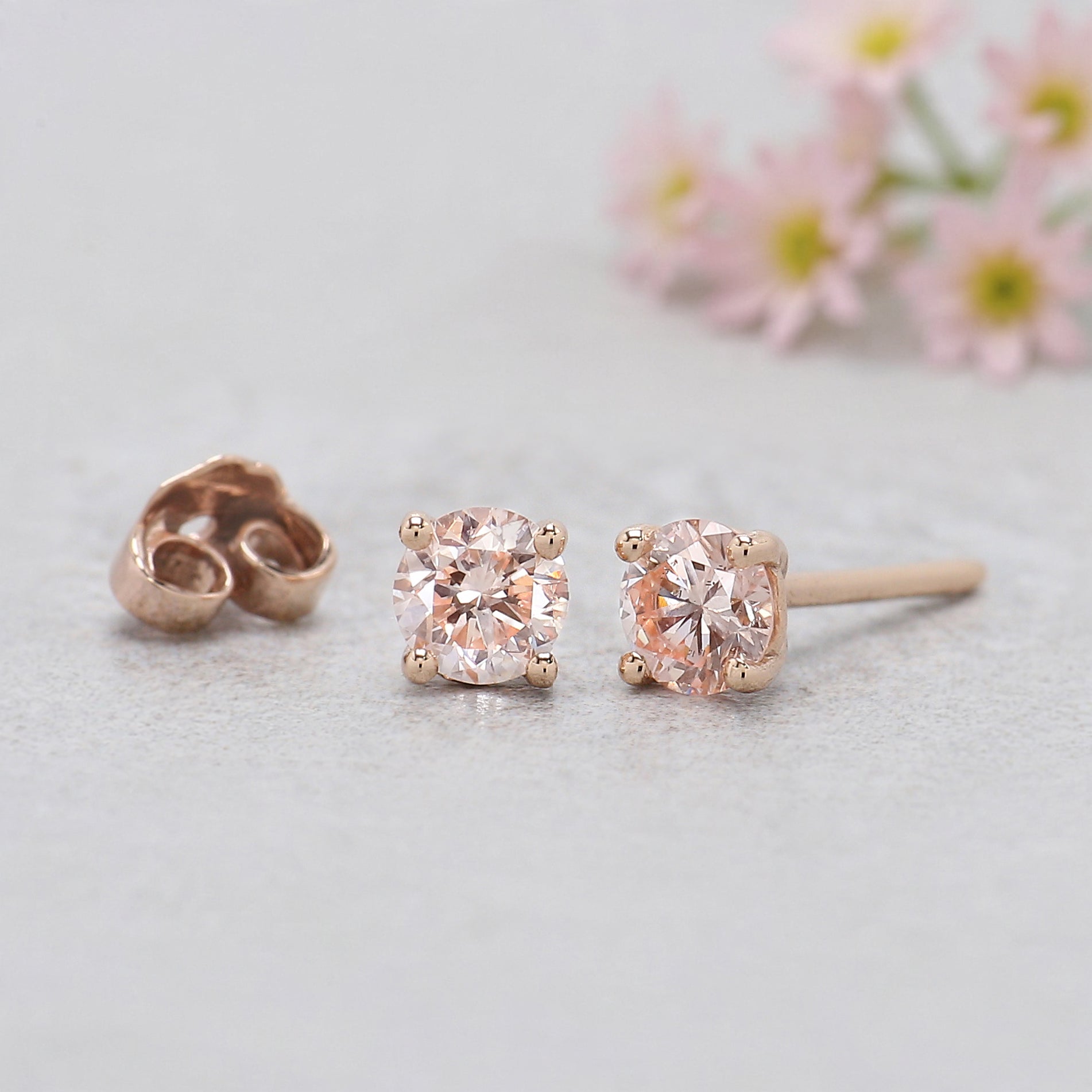 Round Lab Grown Pink Color Diamond Earring 0.56 Ct 4.20 MM Round Diamond Earring 14K Solid Rose Gold Silver Earring Gift For Her KDL3548