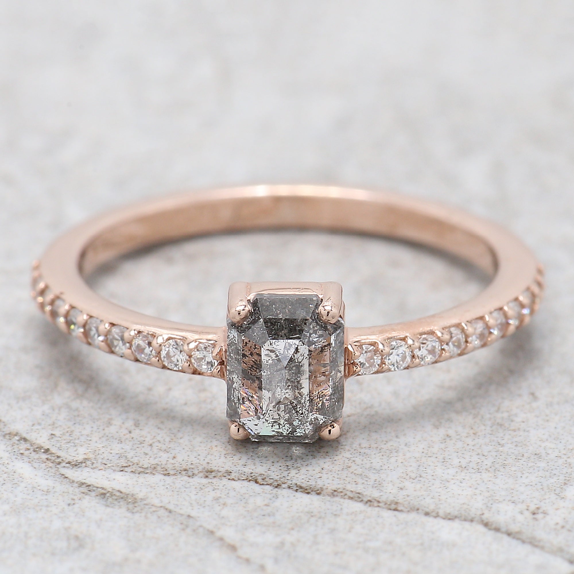Emerald Cut Salt And Pepper Diamond Ring 0.75 Ct 5.95 MM Emerald Diamond Ring 14K Solid Rose Gold Silver Engagement Ring Gift For Her QL1100
