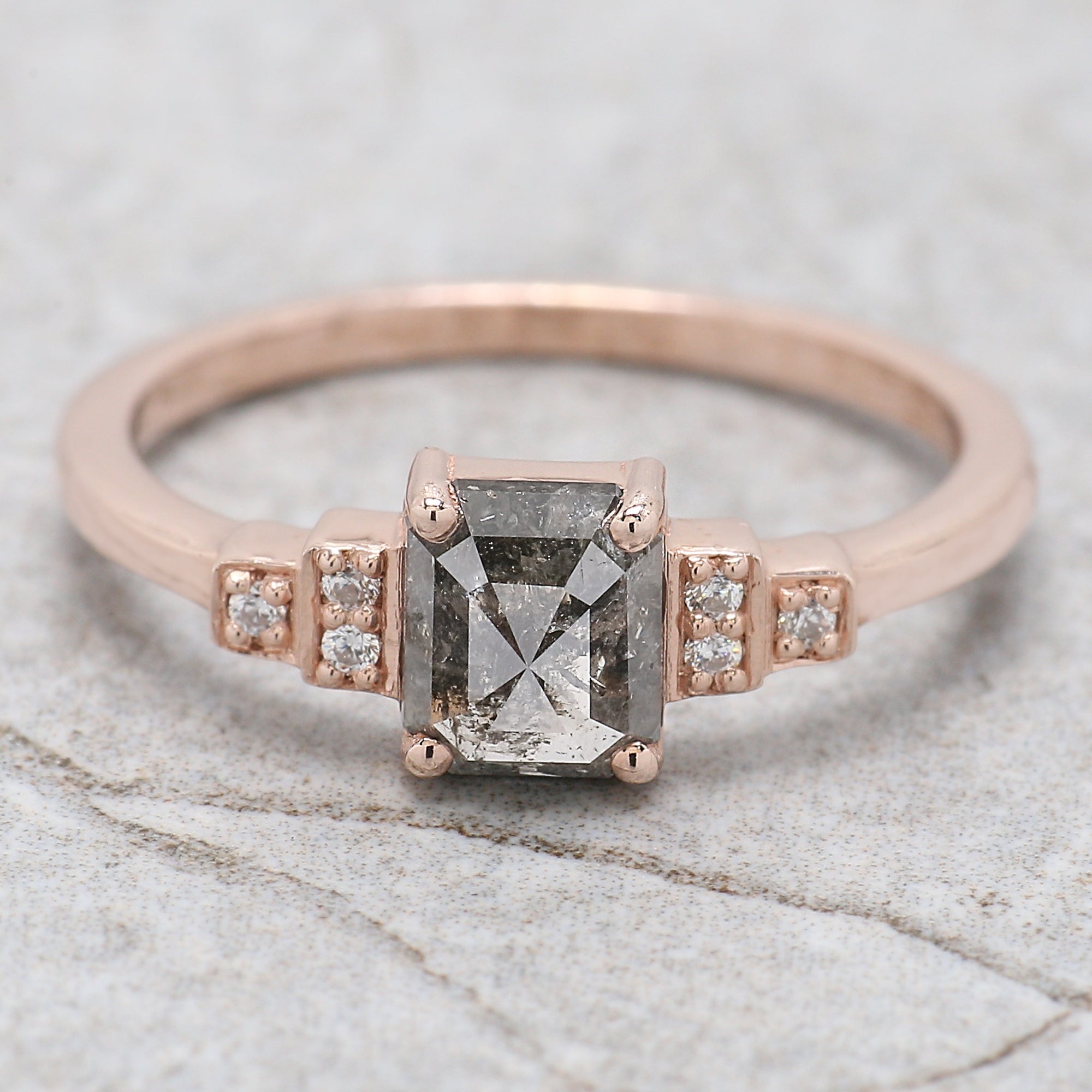 Emerald Salt And Pepper Diamond Ring 0.96 Ct 6.25 MM Emerald Diamond Ring 14K Solid Rose Gold Silver Engagement Ring Gift For Her QL1205