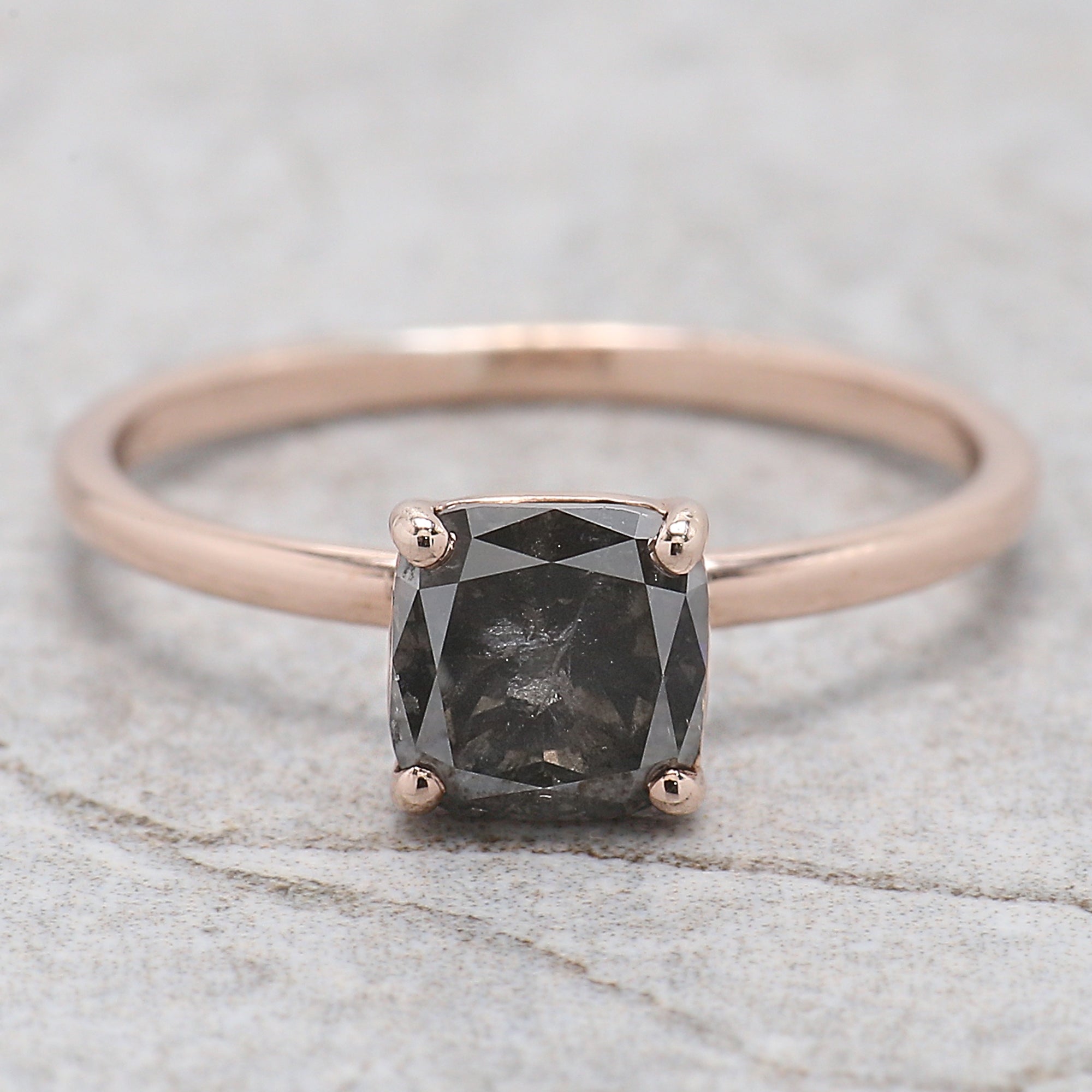 Cushion Cut Salt And Pepper Diamond Ring 1.31 Ct 6.05 MM Cushion Diamond Ring 14K Solid Rose Gold Silver Engagement Ring Gift For Her QL1905