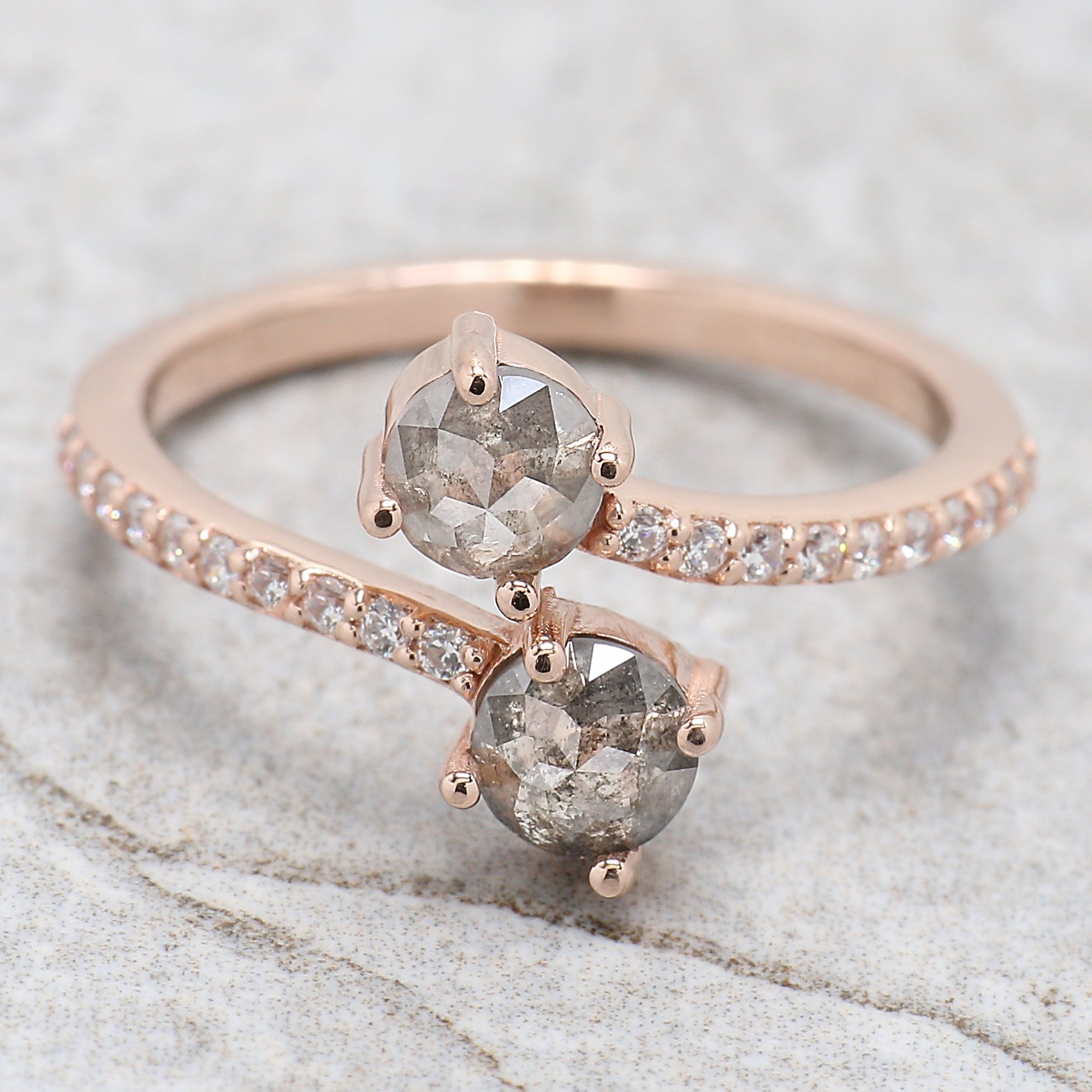 Round Rose Cut Salt And Pepper Diamond Ring 0.85 Ct 4.55 MM Round Diamond Ring 14K Rose Gold Silver Engagement Ring Gift For Her QL6309