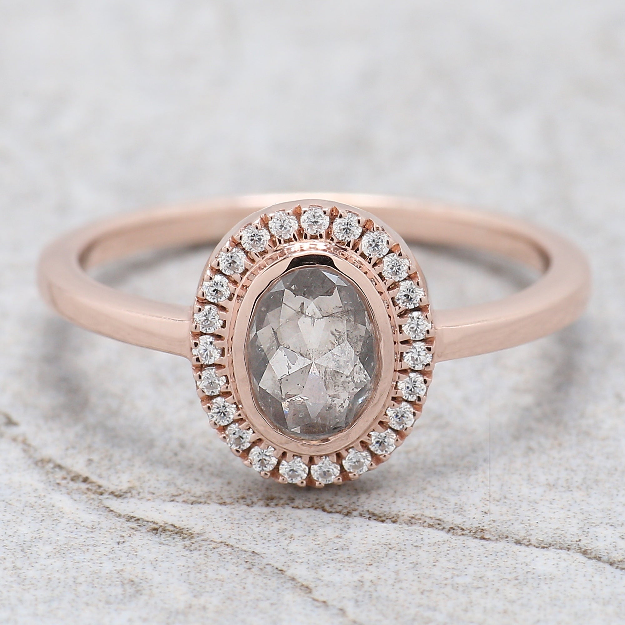 Oval Cut Salt And Pepper Diamond Ring 0.67 Ct 6.64 MM Oval Diamond Ring 14K Solid Rose Gold Silver Oval Engagement Ring Gift For Her QL2589