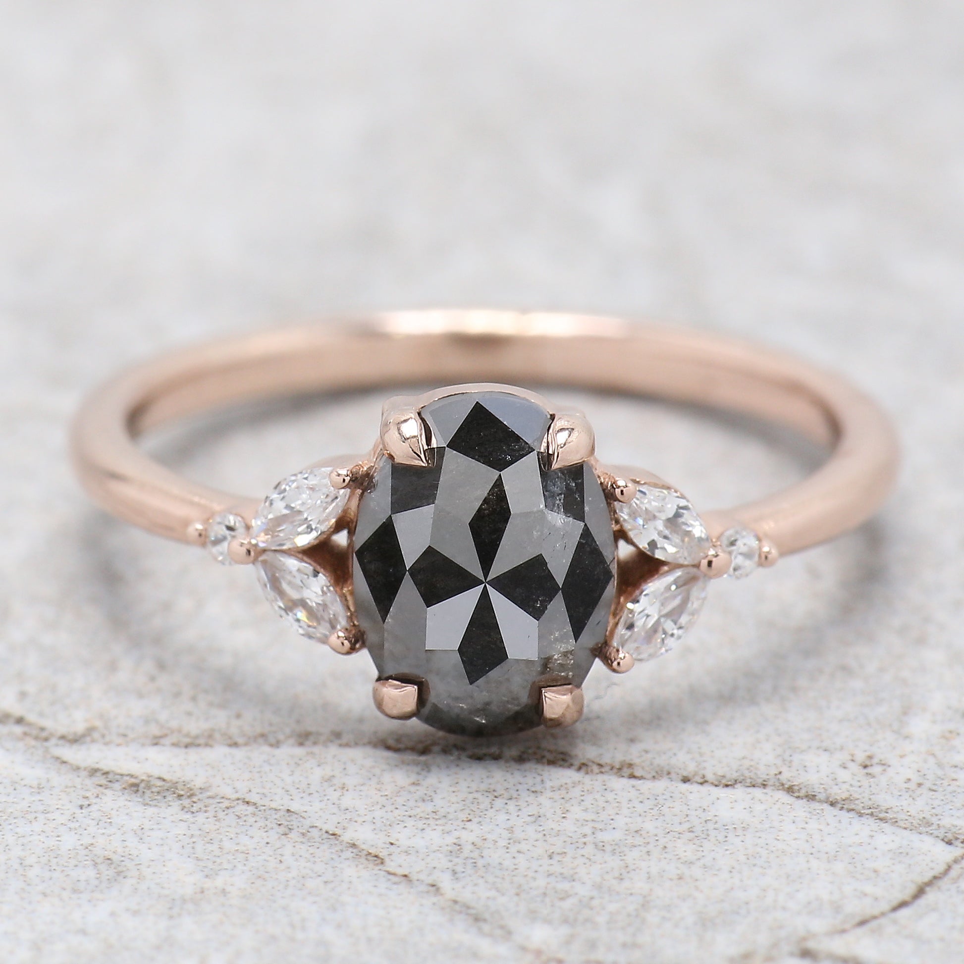 Oval Cut Salt And Pepper Diamond Ring 1.49 Ct 8.03 MM Oval Diamond Ring 14K Solid Rose Gold Silver Oval Engagement Ring Gift For Her QL2889