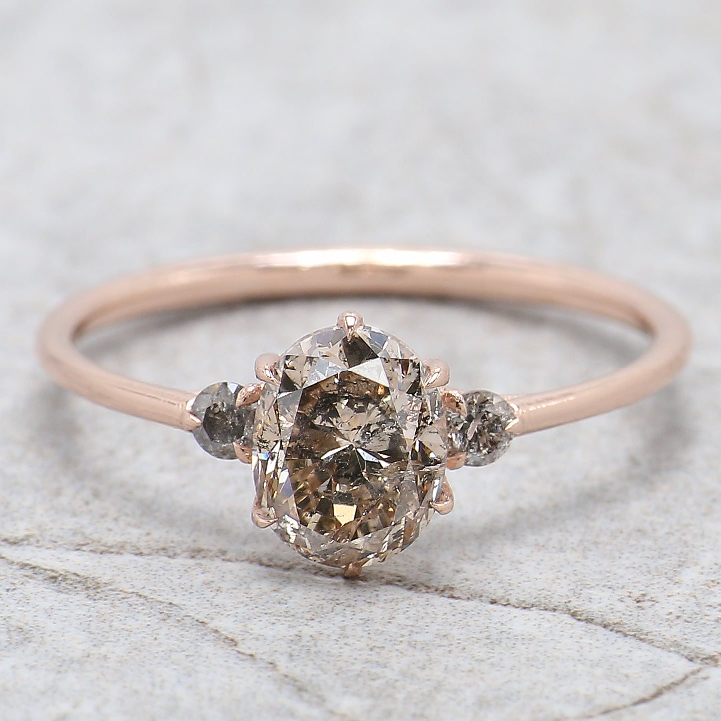 Oval Cut Salt And Pepper Diamond Ring 1.12 Ct 7.00 MM Oval Diamond Ring 14K Solid Rose Gold Silver Oval Engagement Ring Gift For Her QL2607