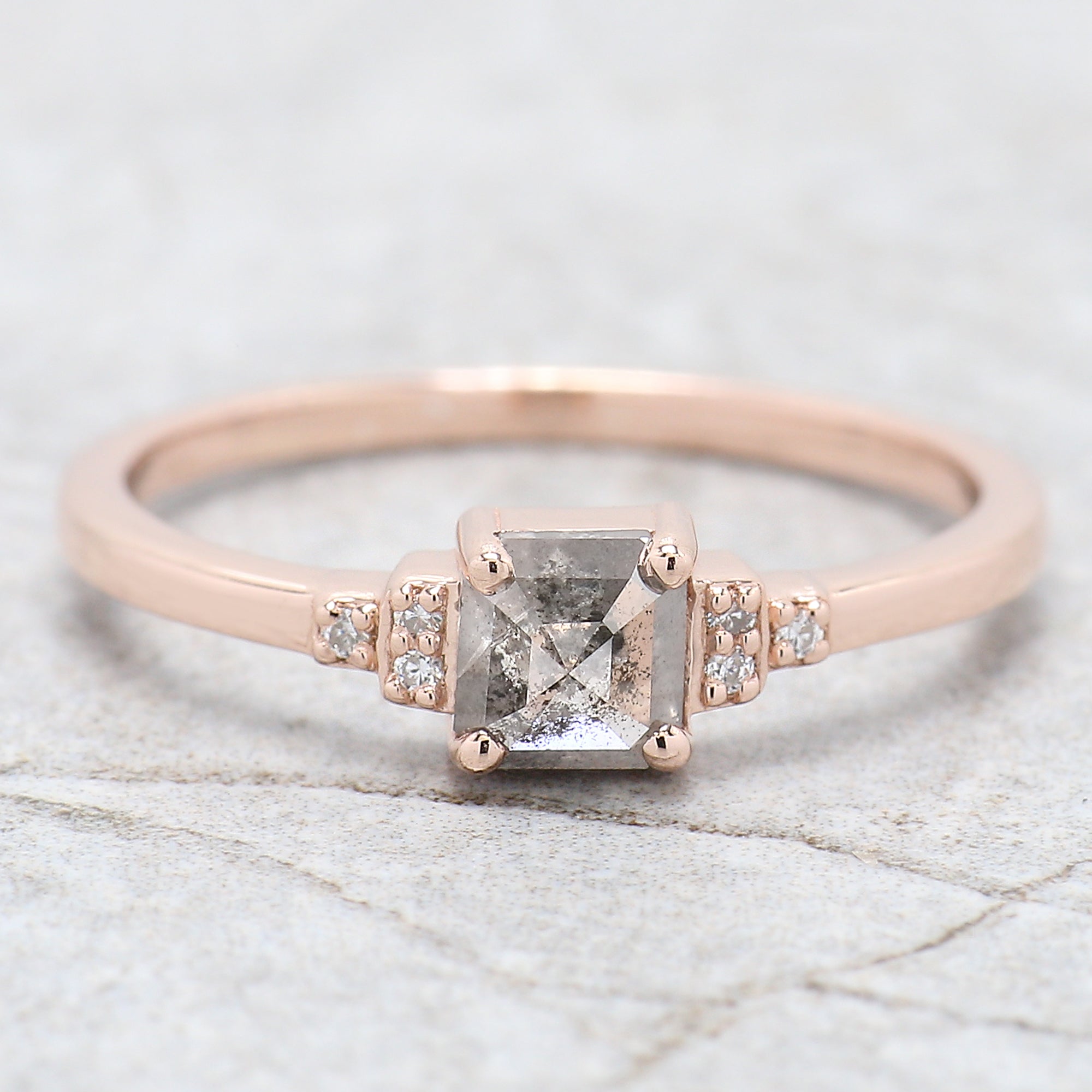 Emerald Cut Salt And Pepper Diamond Ring 0.45 Ct 4.80 MM Emerald Diamond Ring 14K Solid Rose Gold Silver Engagement Ring Gift For Her QL7606