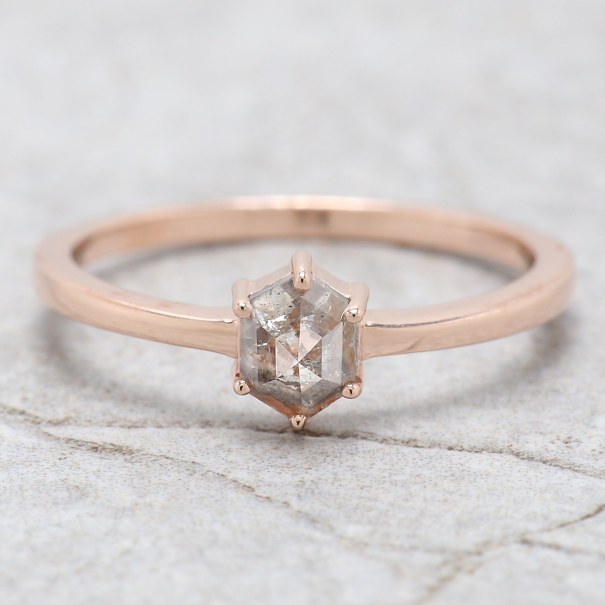 Hexagon Cut Salt And Pepper Diamond Ring 0.54 Ct 5.55 MM Hexagon Diamond Ring 14K Solid Rose Gold Silver Engagement Ring Gift For Her QN642