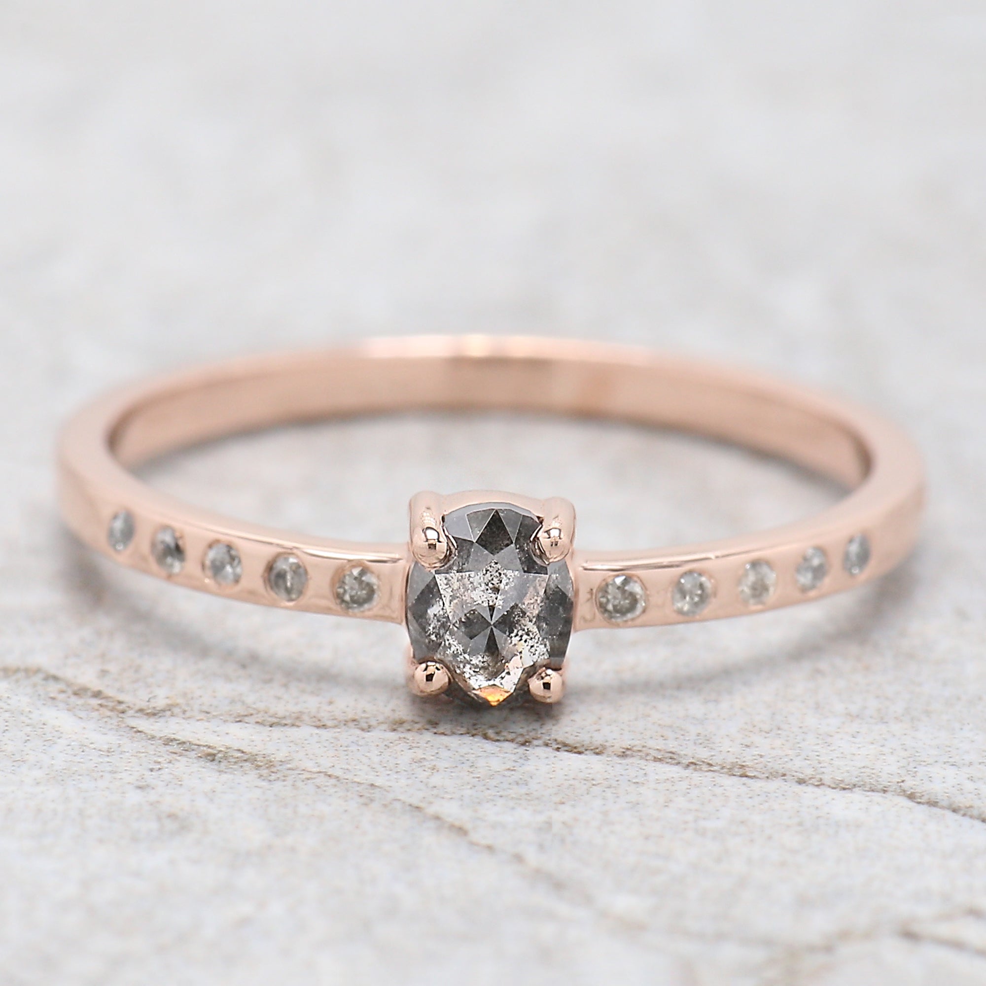Oval Cut Salt And Pepper Diamond Ring 0.32 Ct 4.50 MM Oval Diamond Ring 14K Solid Rose Gold Silver Oval Engagement Ring Gift For Her QN9185