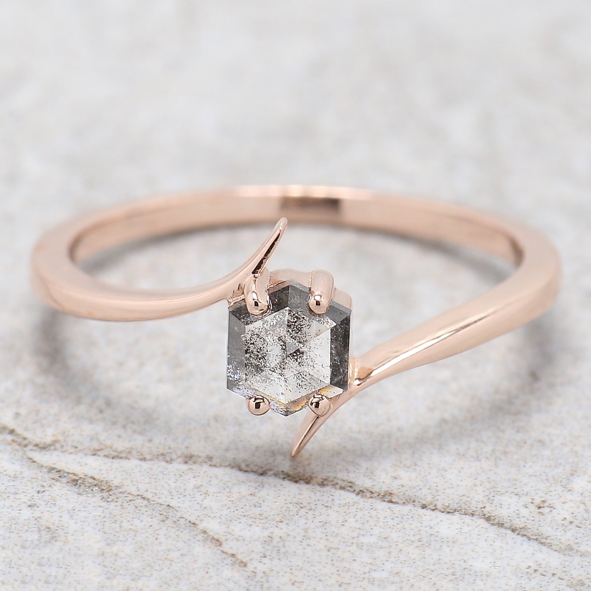 Hexagon Shape Black Color Diamond Ring 0.43 Ct 5.00 MM Hexagon Diamond Ring 14K Solid Rose Gold Silver Engagement Ring Gift For Her QN601