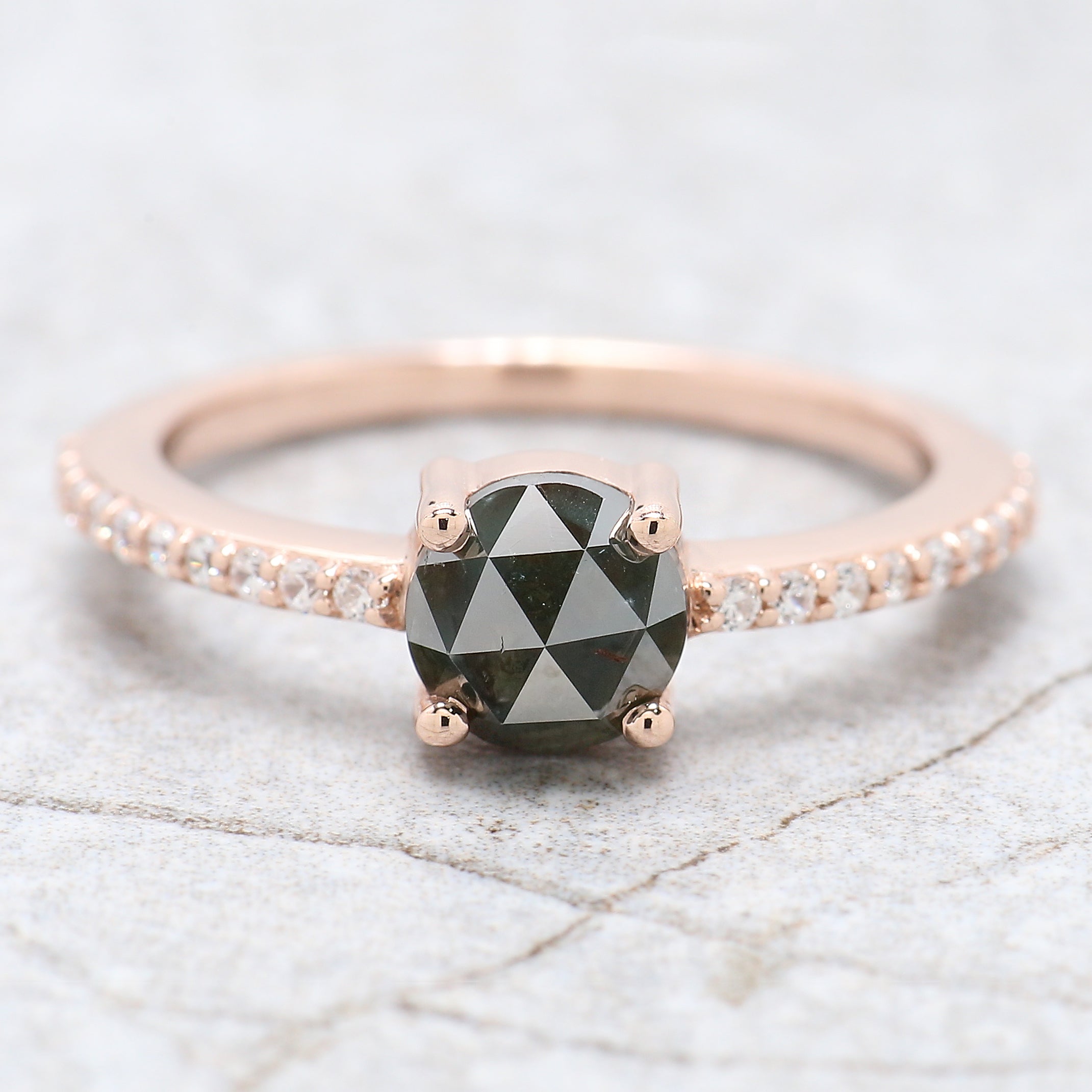 Round Cut Dark Green Color Diamond Ring 1.24 Ct 5.90 MM Rose Cut Diamond Ring 14K Solid Rose Gold Round Engagement Ring Gift For Her QN7660