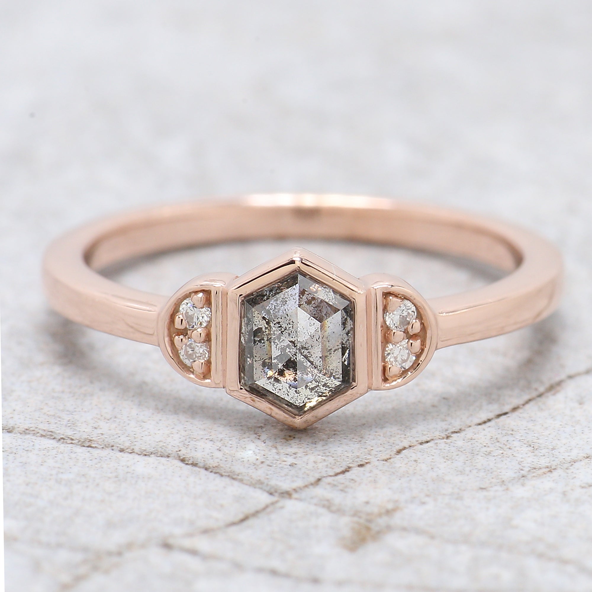 Hexagon Cut Salt And Pepper Diamond Ring 0.58 Ct 5.70 MM Hexagon Diamond Ring 14K Solid Rose Gold Silver Engagement Ring Gift For Her QN1564
