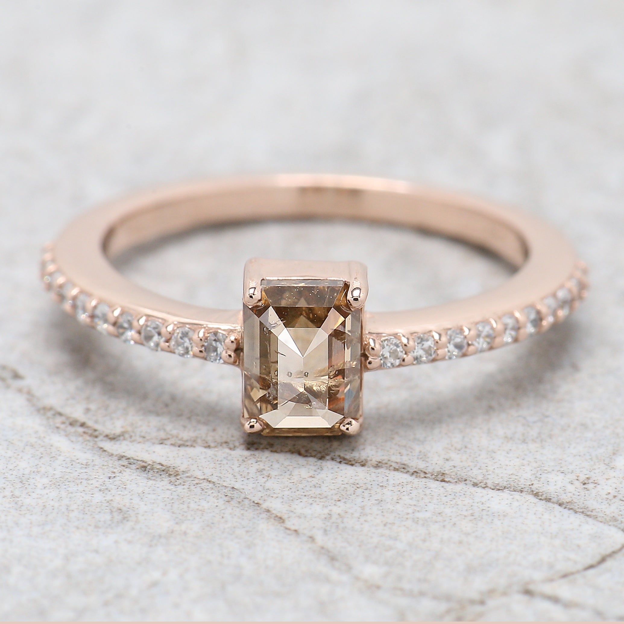 Emerald Cut Brown Color Diamond Ring 0.87 Ct 6.05 MM Emerald Shape Diamond Ring 14K Rose Gold Silver Engagement Ring Gift For Her QL060