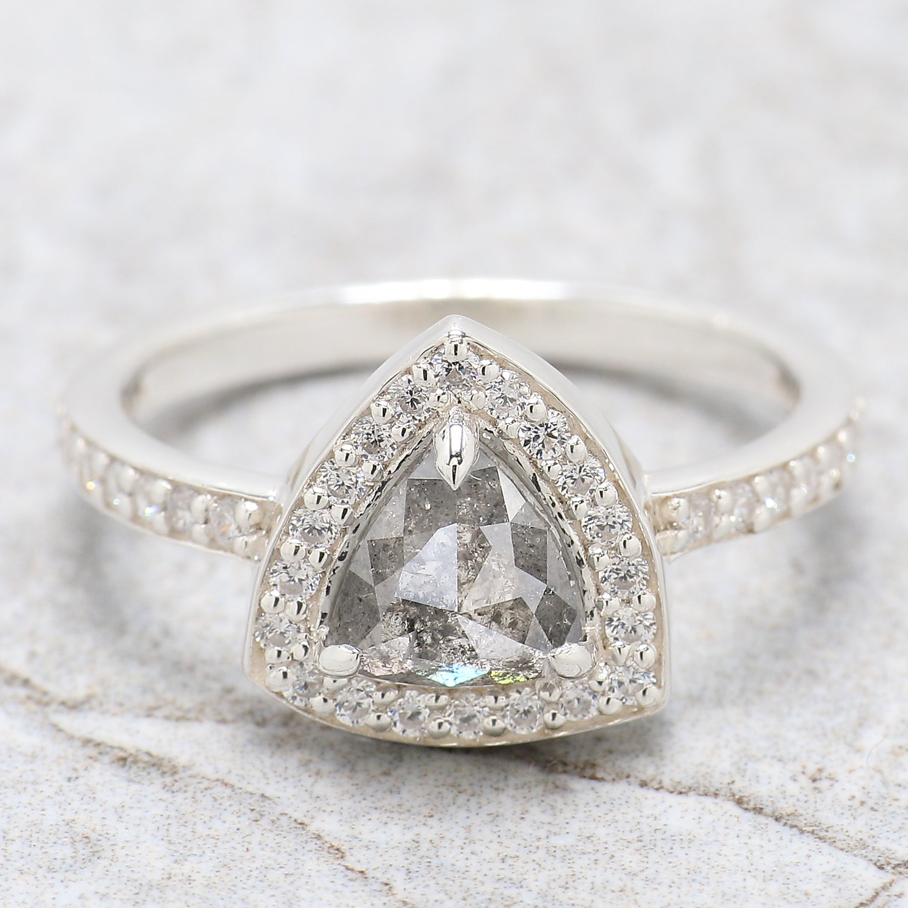 Triangle Salt And Pepper Diamond Ring 1.03 Ct 6.40 MM Triangle Diamond Ring 14K Solid White Gold Silver Engagement Ring Gift For Her QN9302