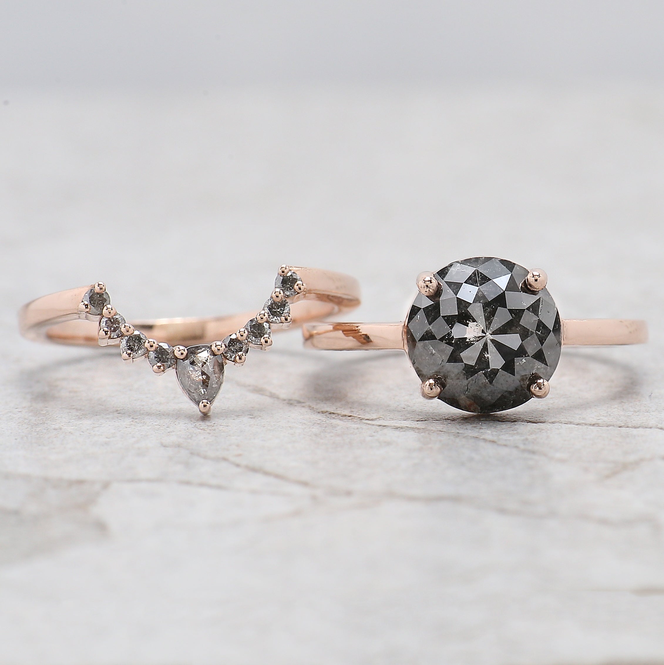 Round Rose Cut Salt And Pepper Diamond Ring 2.97 Ct 8.85 MM Round Diamond Ring 14K Solid Rose Gold Silver Engagement Ring Gift For Her QL064