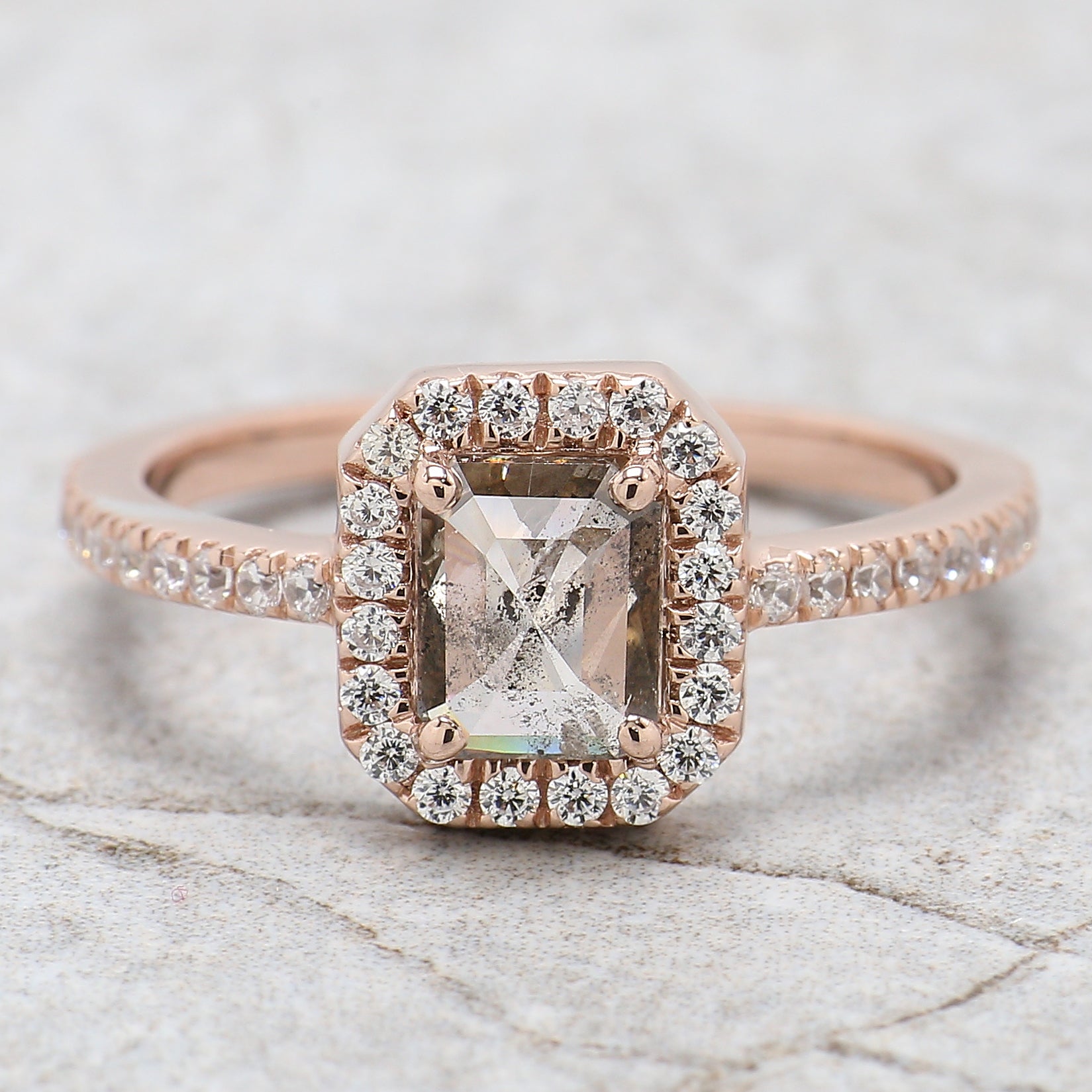 Emerald Cut Salt And Pepper Diamond Ring 0.86 Ct 6.10 MM Emerald Diamond Ring 14K Solid Rose Gold Silver Engagement Ring Gift For Her QL9563