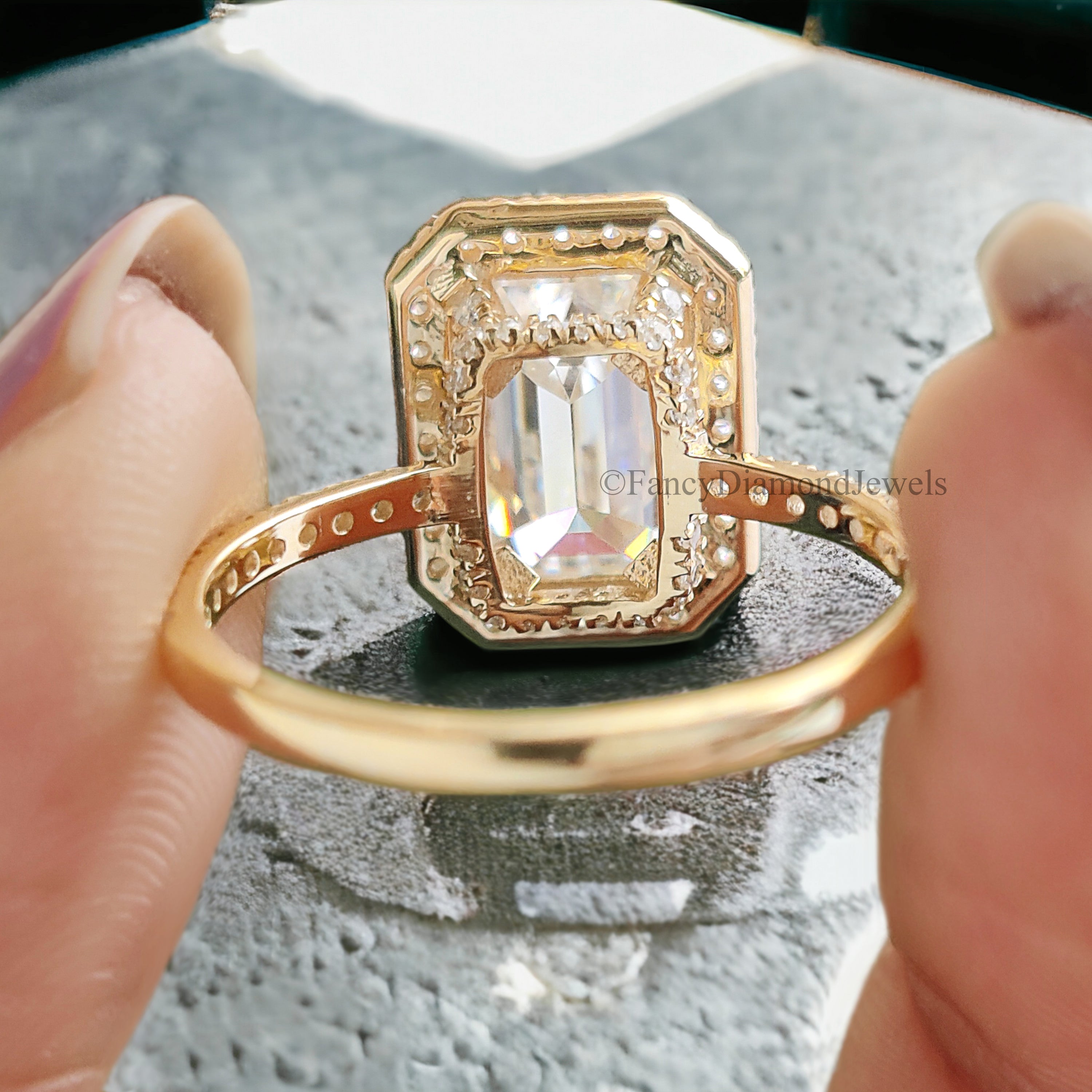 Emerald Cut Colorless Moissanite Engagement Ring 3.00 Ct Solid 14k Yellow Gold Ring Bridal Wedding Ring Halo Set Ring Gift For Her FD212