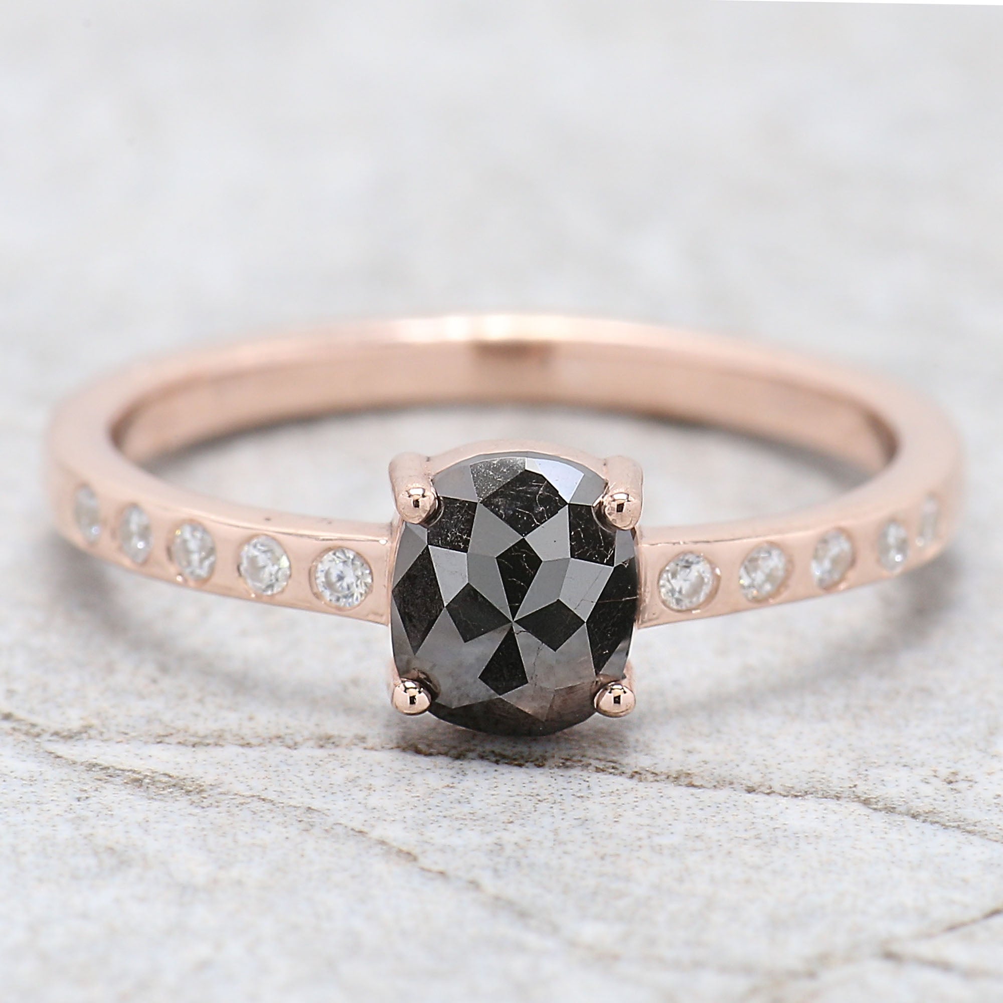 0.78 Ct Natural Oval Salt And Pepper Diamond Ring 5.94 MM Oval Cut Diamond Ring 14K Solid Rose Gold Silver Engagement Ring Oval Ring QK2517