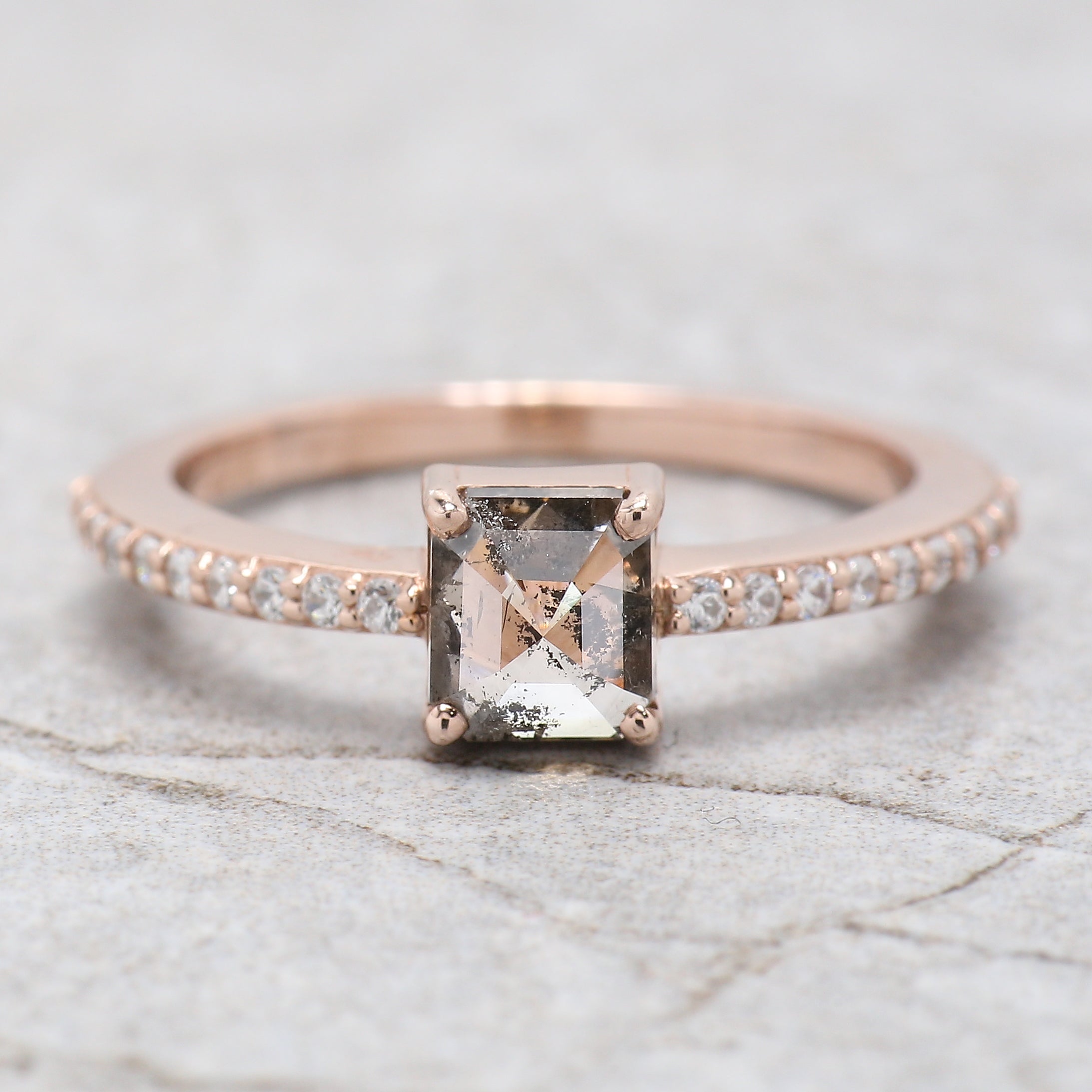 Emerald Cut Salt And Pepper Diamond Ring 0.87 Ct 5.60 MM Emerald Diamond Ring 14K Solid Rose Gold Silver Engagement Ring Gift For Her QL9510