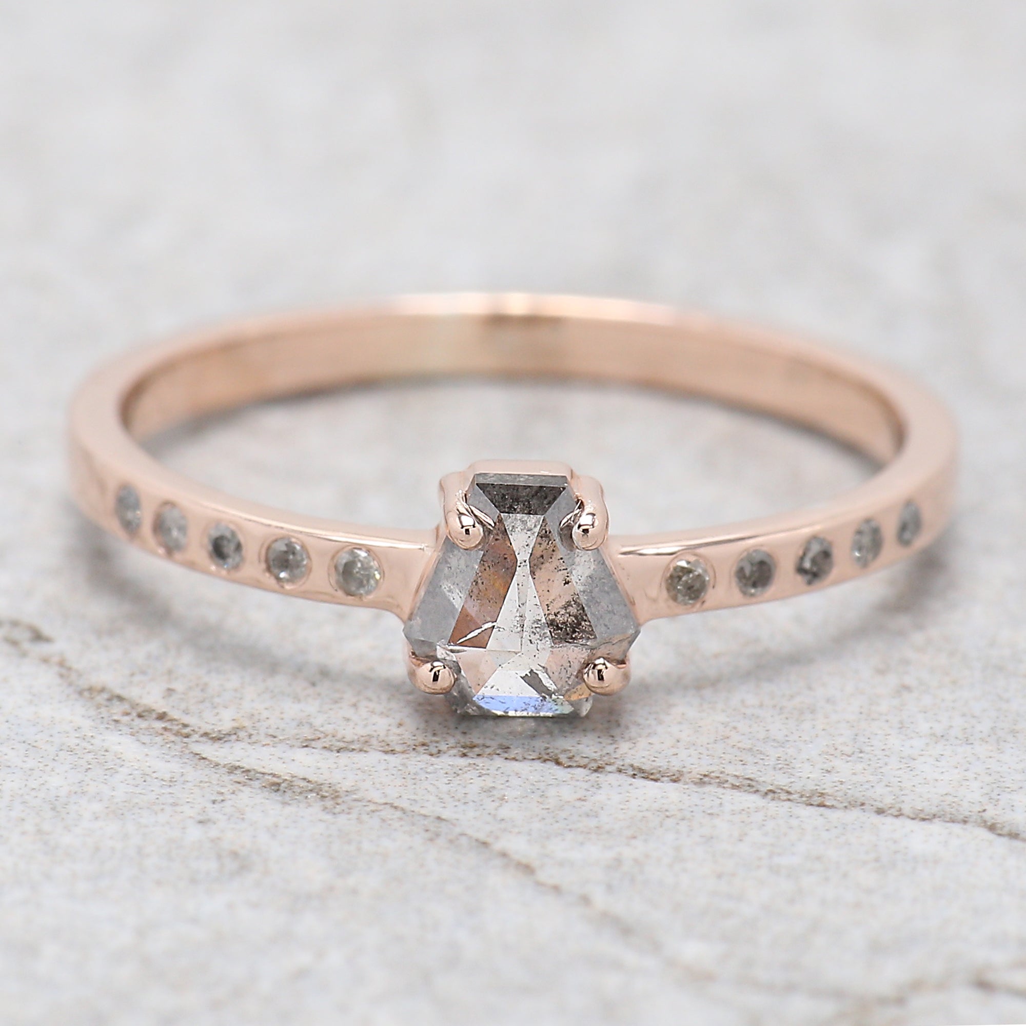 Coffin Cut Salt And Pepper Diamond Ring 0.46 Ct 5.30 MM Coffin Diamond Ring 14K Solid Rose Gold Silver Engagement Ring Gift For Her QN8892