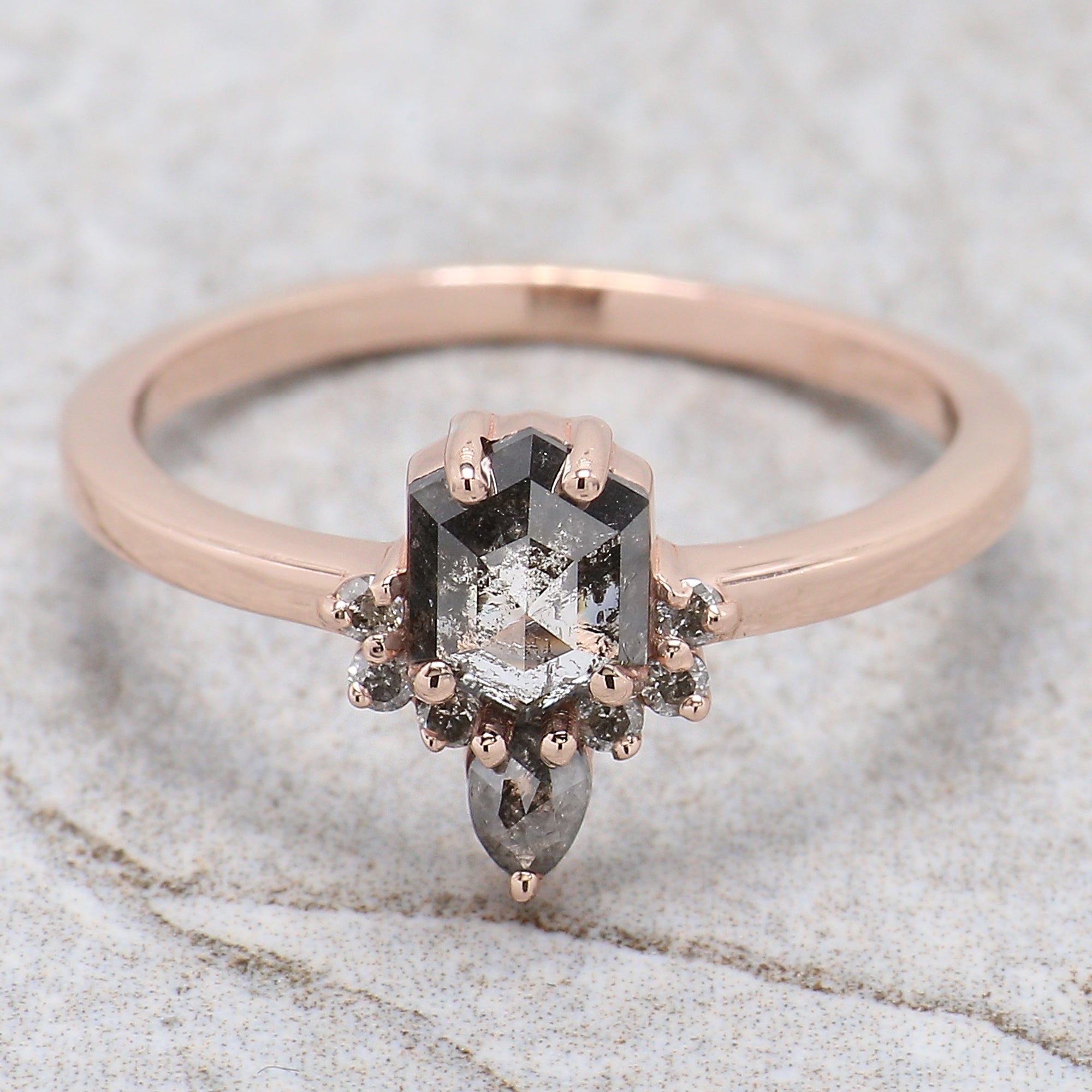 0.69 Ct Natural Hexagon Shape Salt And Pepper Diamond Ring 6.00 MM Hexagon Cut Diamond Ring 14K Solid Rose Gold Silver Engagement Ring QN849
