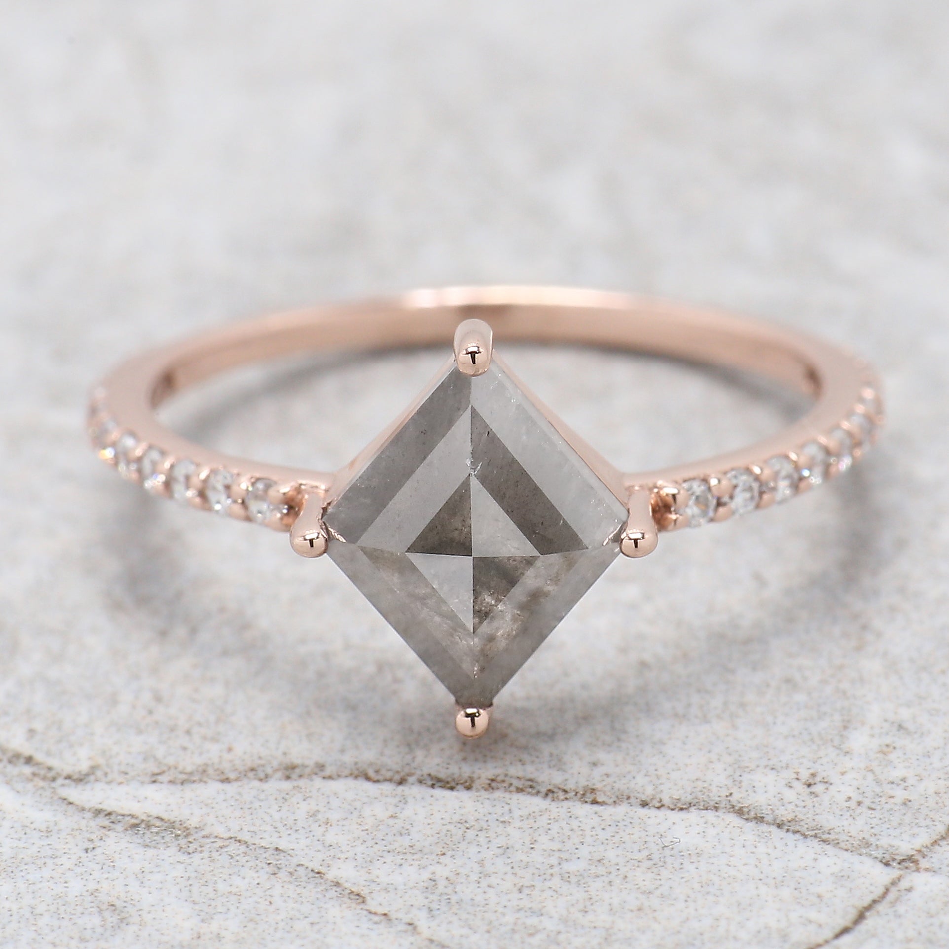 Kite Cut Salt And Pepper Diamond Ring 1.50 Ct 9.60 MM Kite Diamond Ring 14K Solid Rose Gold Silver Kite Engagement Ring Gift For Her QK2049