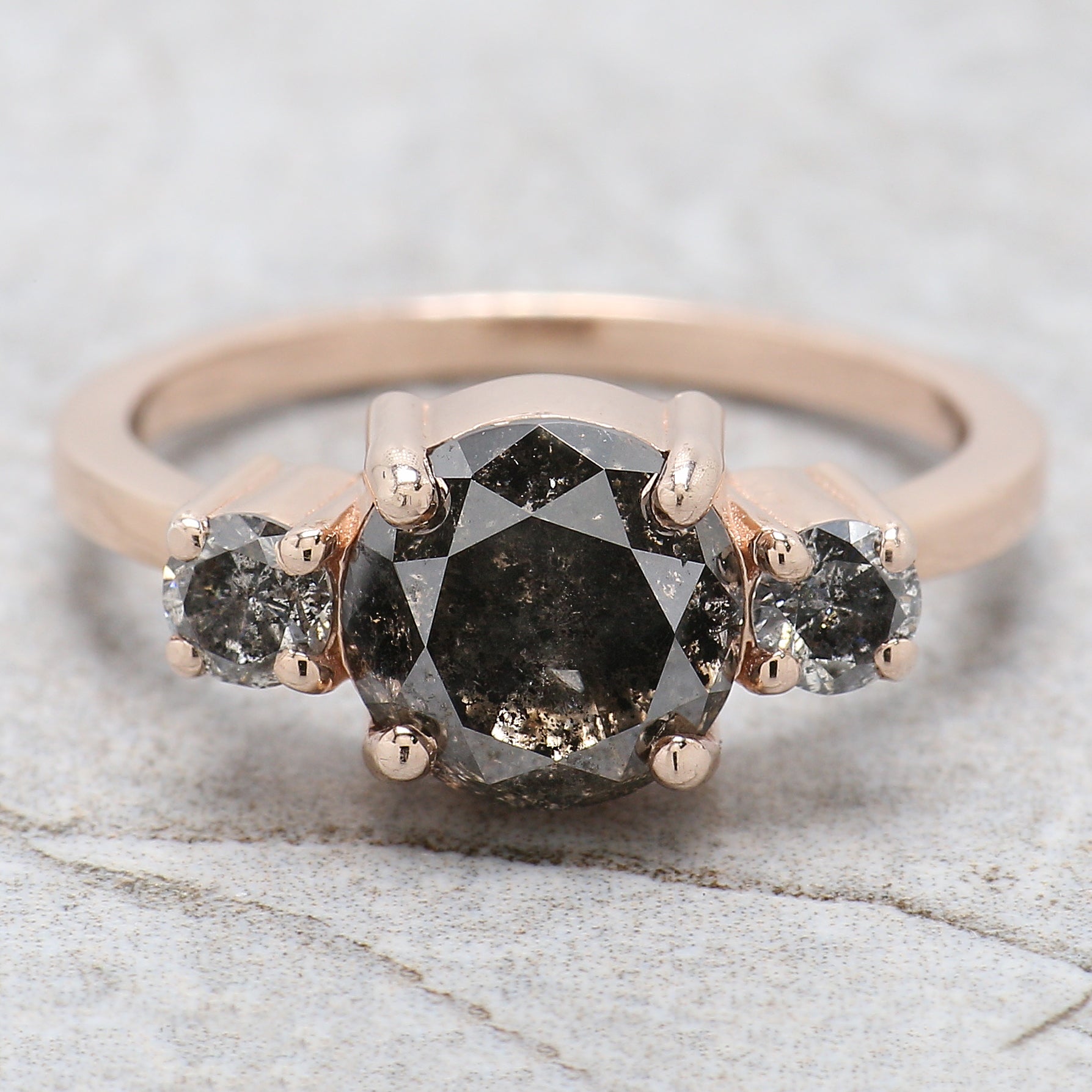 Round Cut Salt And Pepper Diamond Ring 2.05 Ct 7.85 MM Round Diamond Ring 14K Solid Rose Gold Silver Engagement Ring Gift For Her QL9209