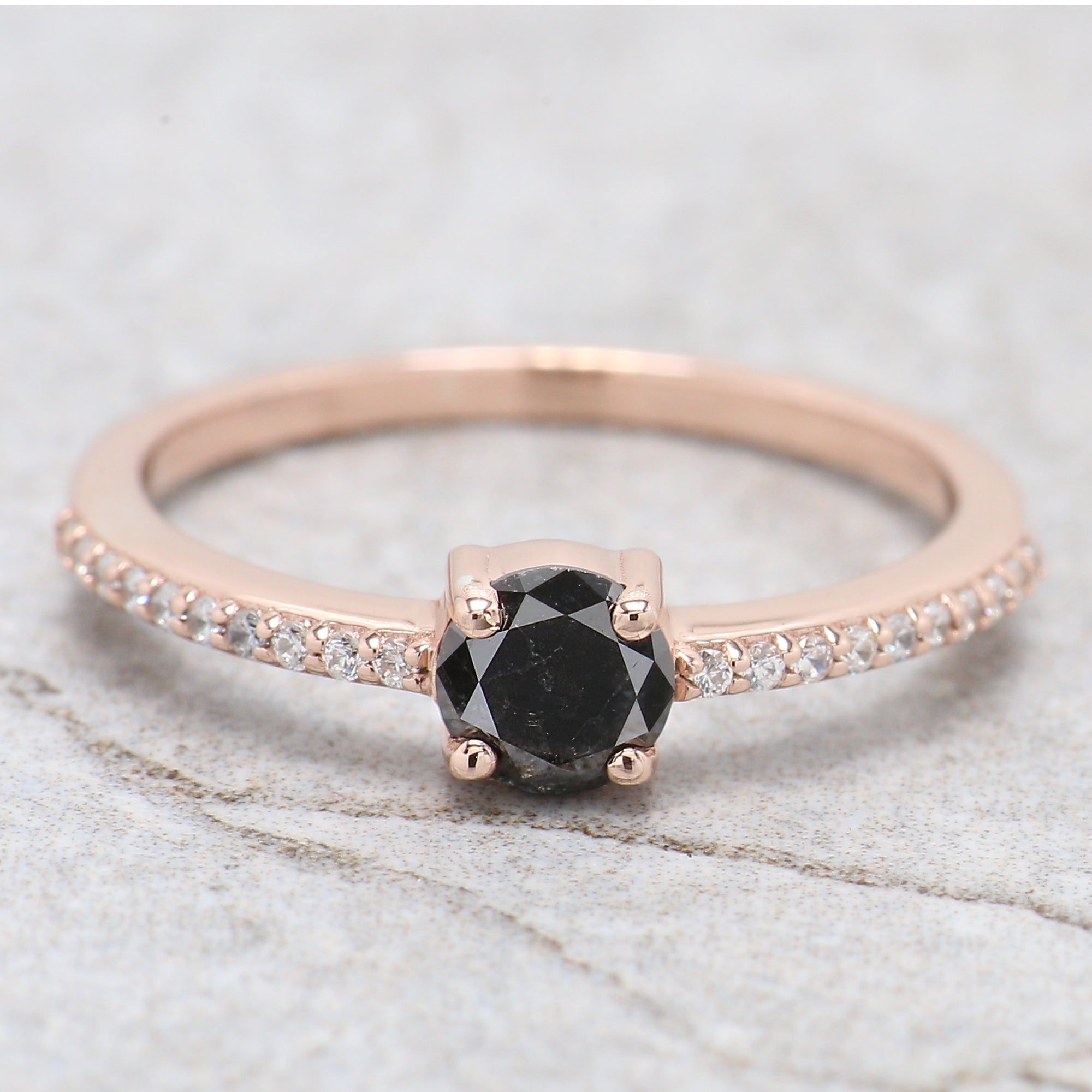 0.43 Ct Natural Round Shape Salt And Pepper Diamond Ring 4.75 MM Round Cut Diamond Ring 14K Solid Rose Gold Silver Engagement Ring QL5995