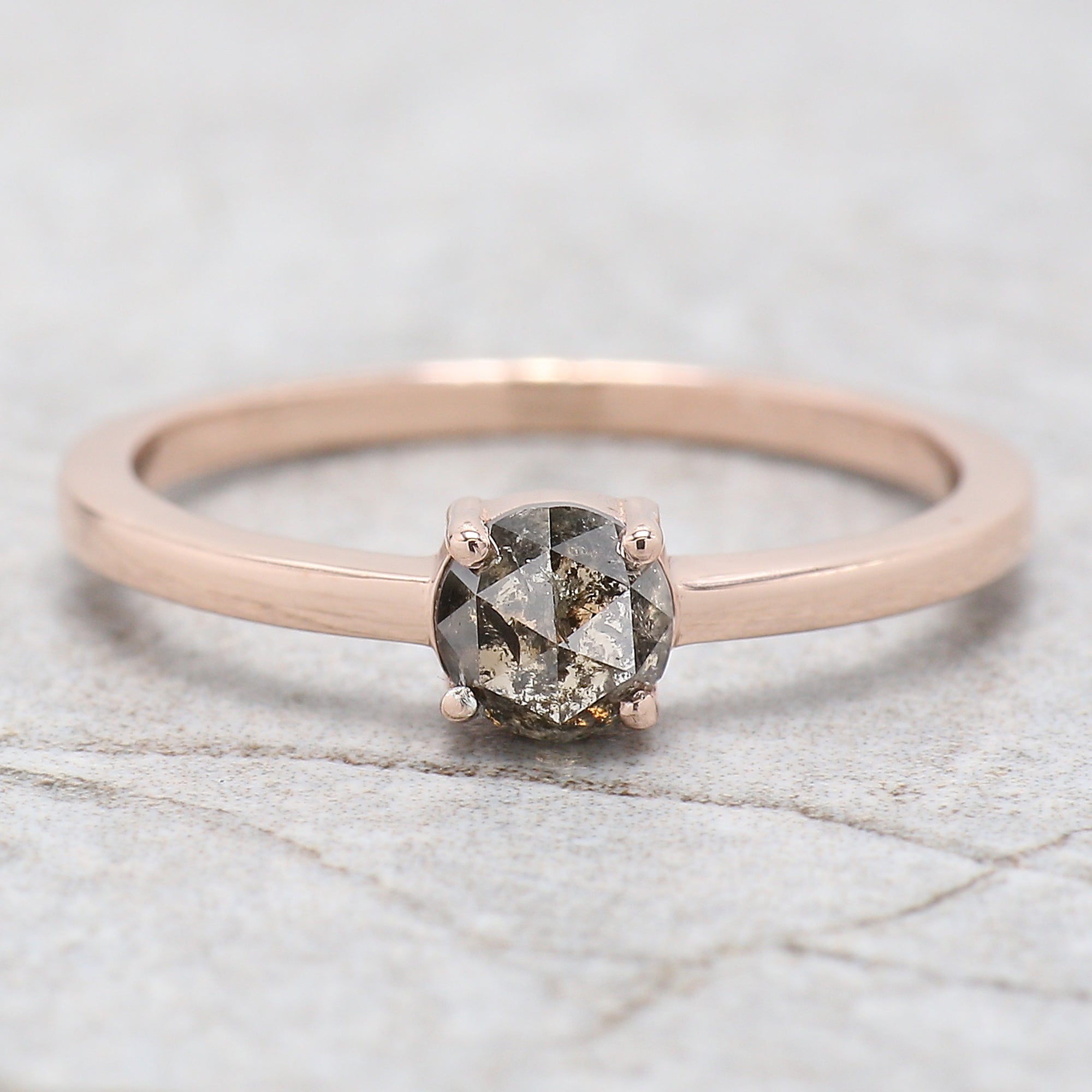 Round Rose Cut Salt And Pepper Diamond Ring 0.53 Ct 4.60 MM Round Shape Diamond Ring 14K Rose Gold Silver Engagement Ring Gift For Her QL7404