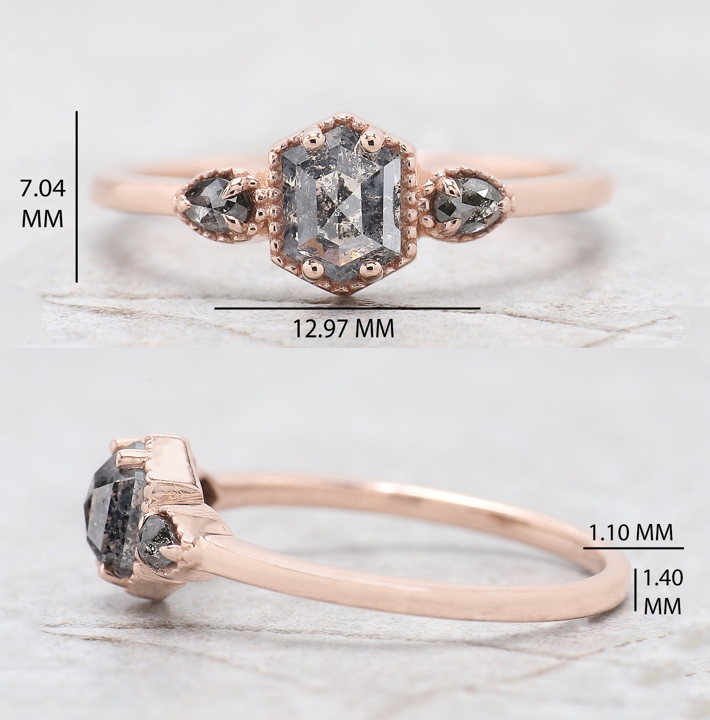 Hexagon Cut Salt And Pepper Diamond Ring 0.62 Ct 5.72 MM Hexagon Diamond Ring 14K Solid Rose Gold Silver Engagement Ring Gift For Her QK2593