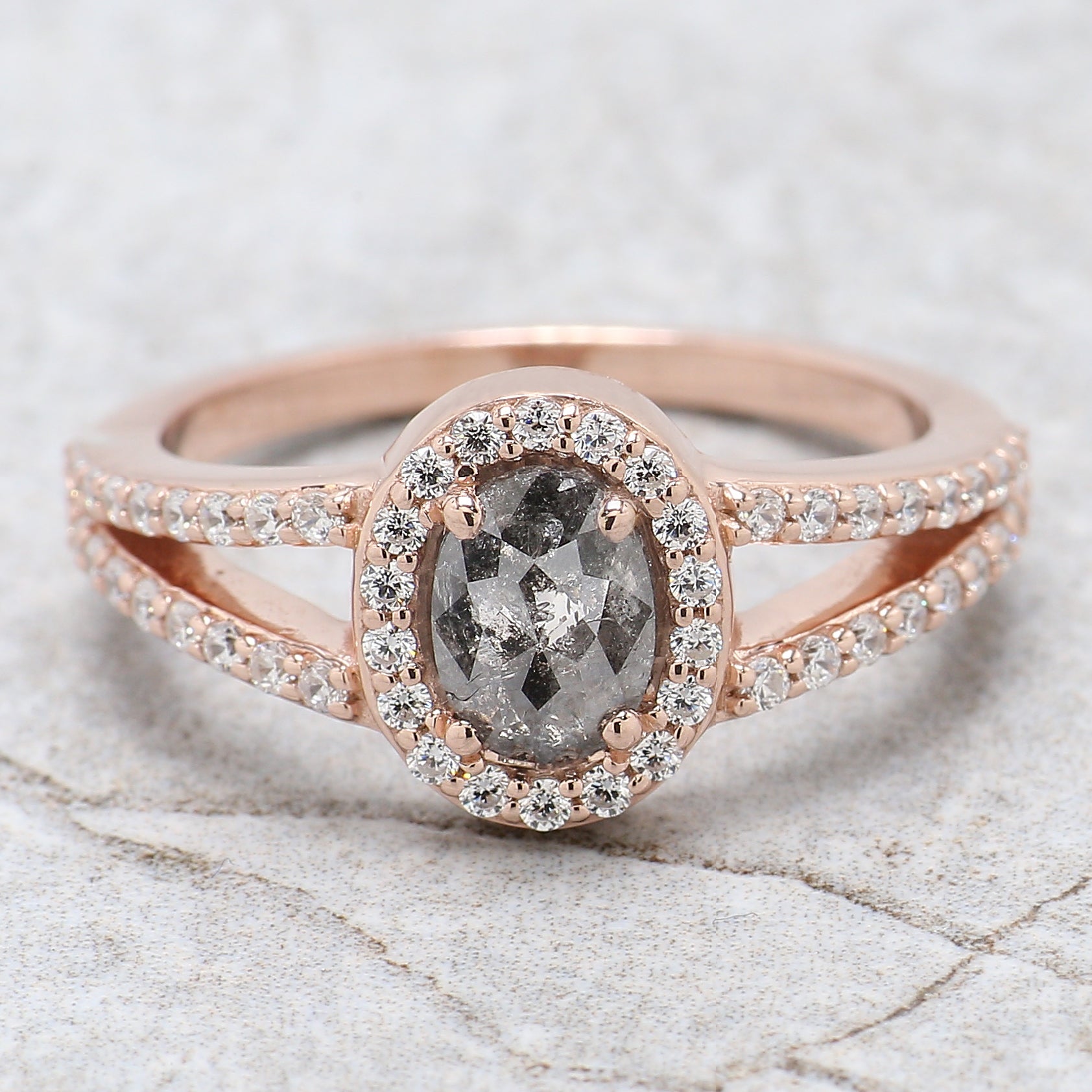 Oval Cut Salt And Pepper Diamond Ring 0.84 Ct 6.95 MM Oval Diamond Ring 14K Solid Rose Gold Silver Oval Engagement Ring Gift For Her QN829