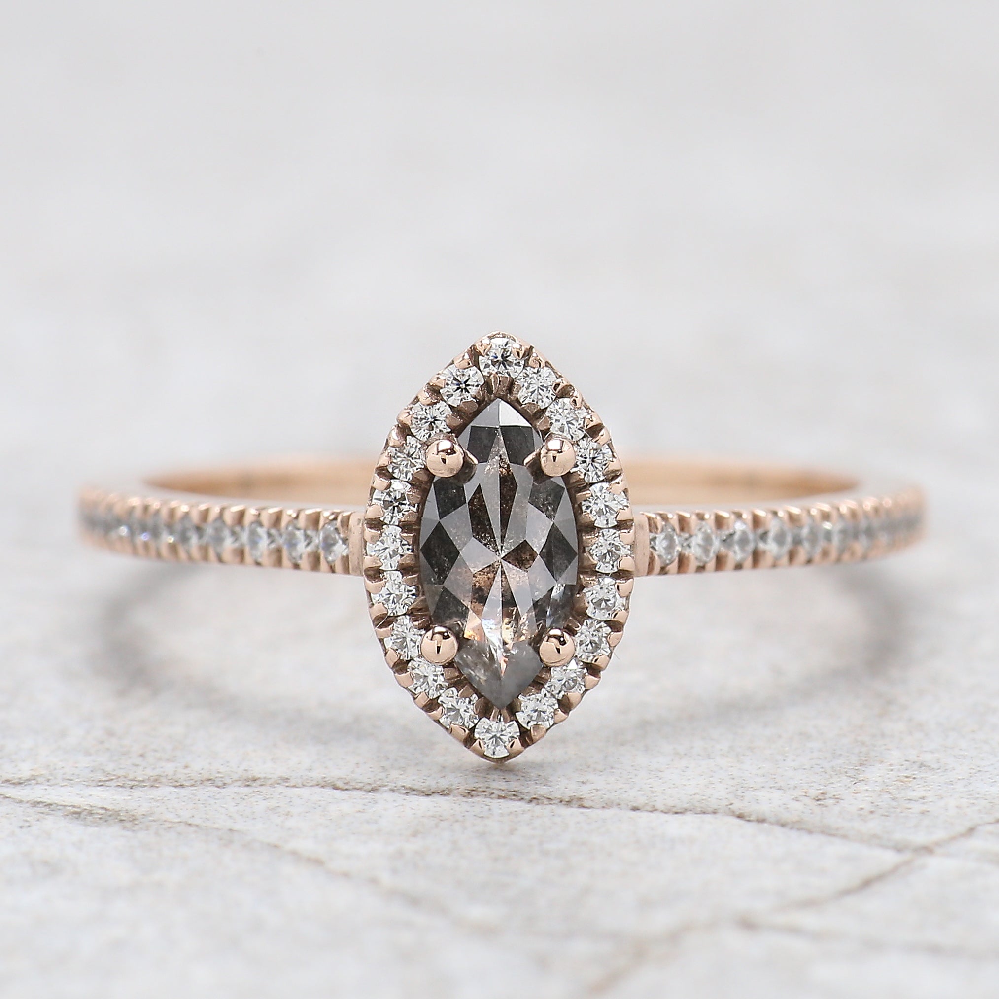 Marquise Cut Salt And Pepper Diamond Ring 0.41 Ct 6.99 MM Marquise Diamond Ring 14K Rose Gold Silver Engagement Ring Gift For Her KDN2490-1