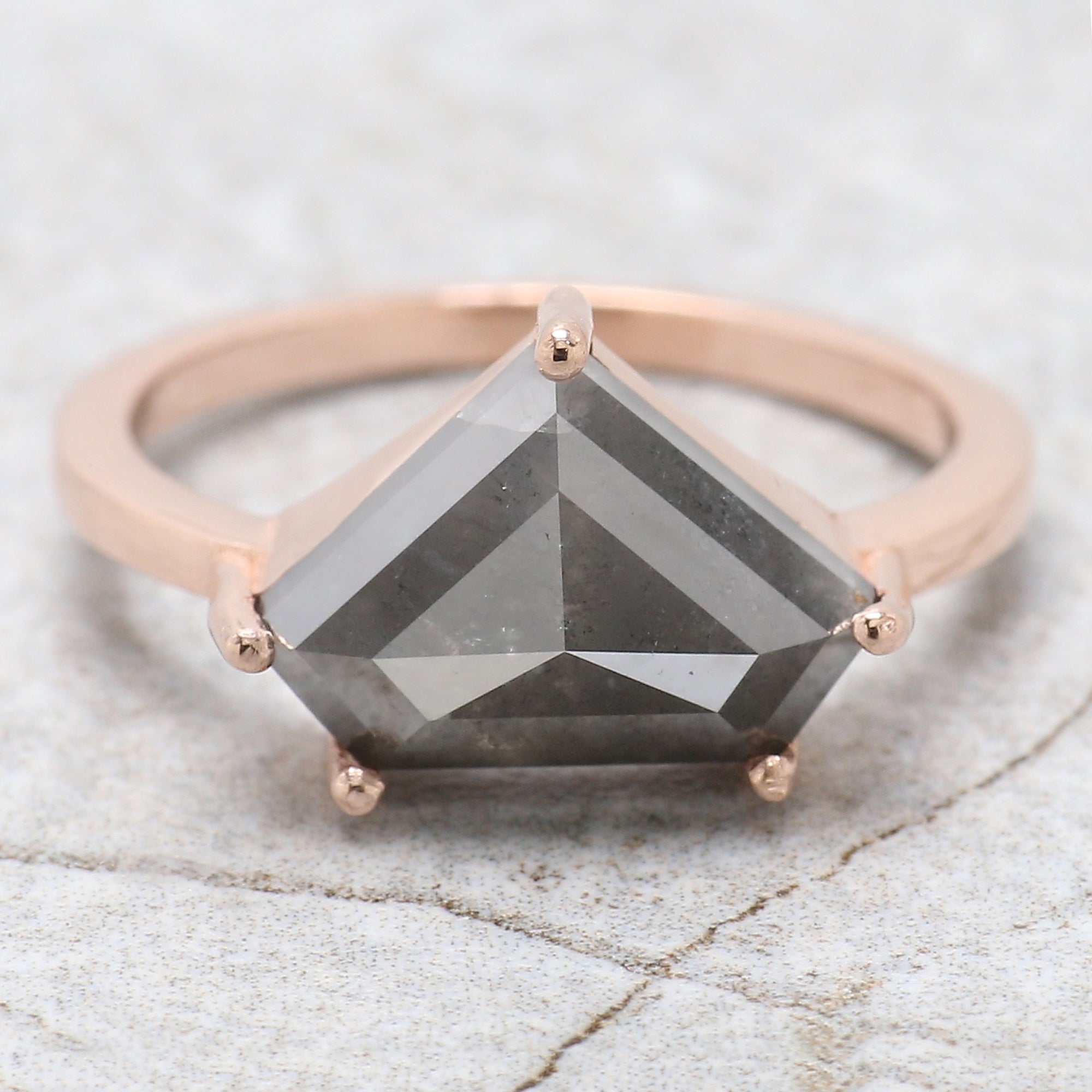 Shield Cut Salt And Pepper Diamond Ring 3.67 Ct 8.90 MM Shield Diamond Ring 14K Solid Rose Gold Silver Engagement Ring Gift For Her QL982