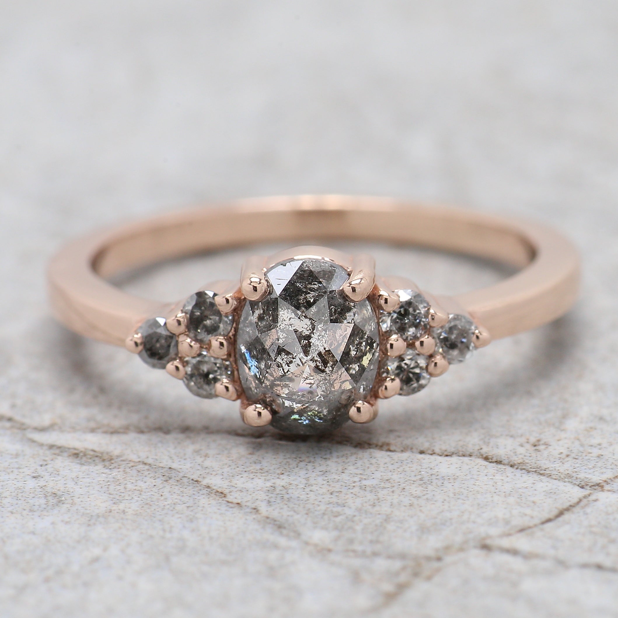 Oval Cut Salt And Pepper Diamond Ring 0.91 Ct 6.60 MM Oval Diamond Ring 14K Solid Rose Gold Silver Oval Engagement Ring Gift For Her QL665