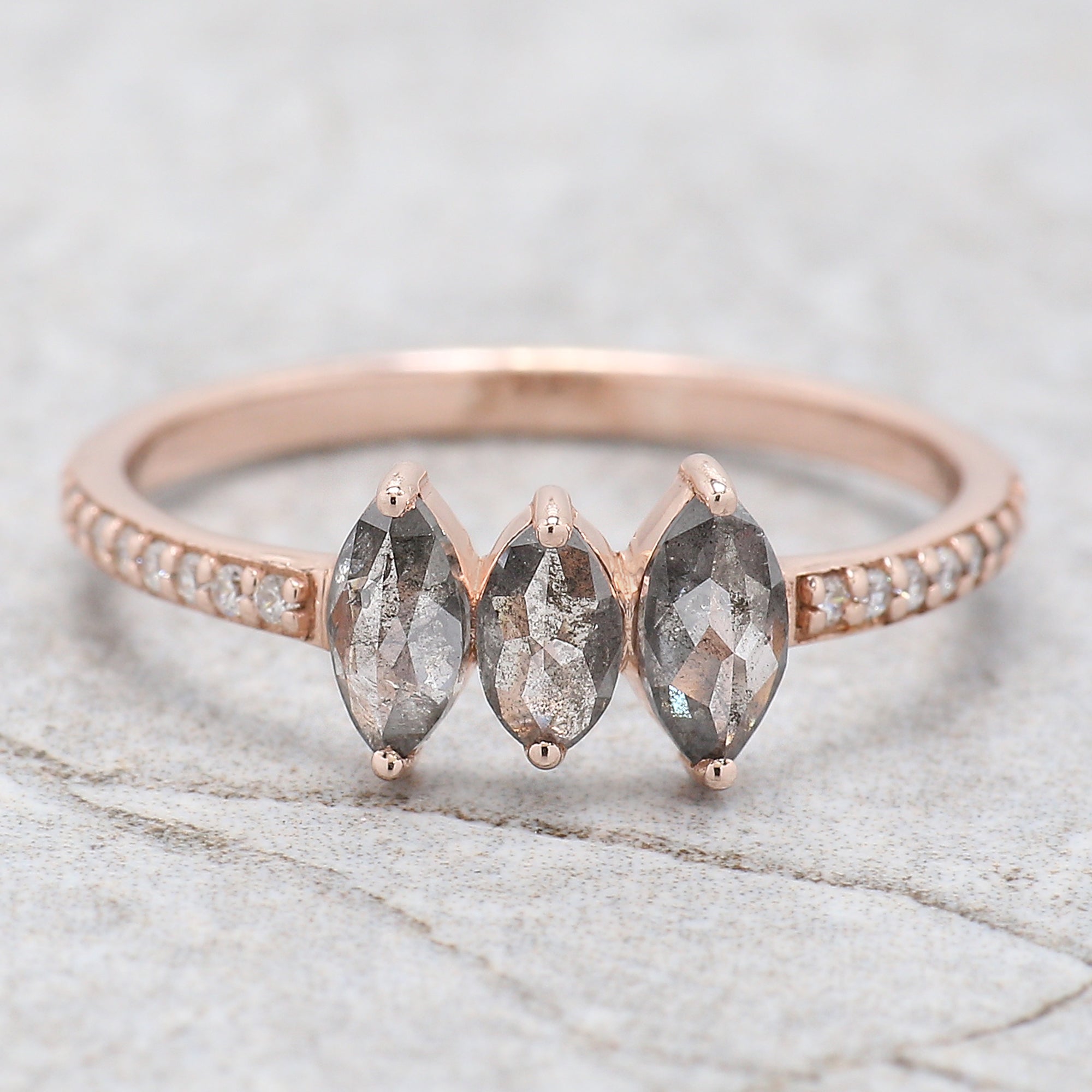 Marquise Cut Salt And Pepper Diamond Ring 0.55 Ct 6.05 MM Marquise Diamond Ring 14K Solid Rose Gold Engagement Ring Gift For Her QL2458