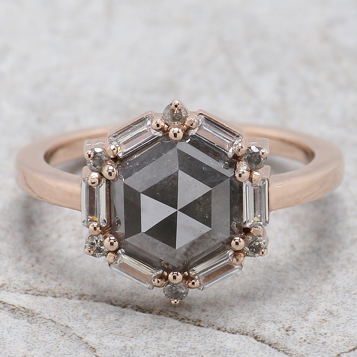 Hexagon Cut Salt And Pepper Diamond Ring 2.28 Ct 9.10 MM Hexagon Cut Diamond Ring 14K Rose Gold Silver Engagement Ring Gift For Her QL1162