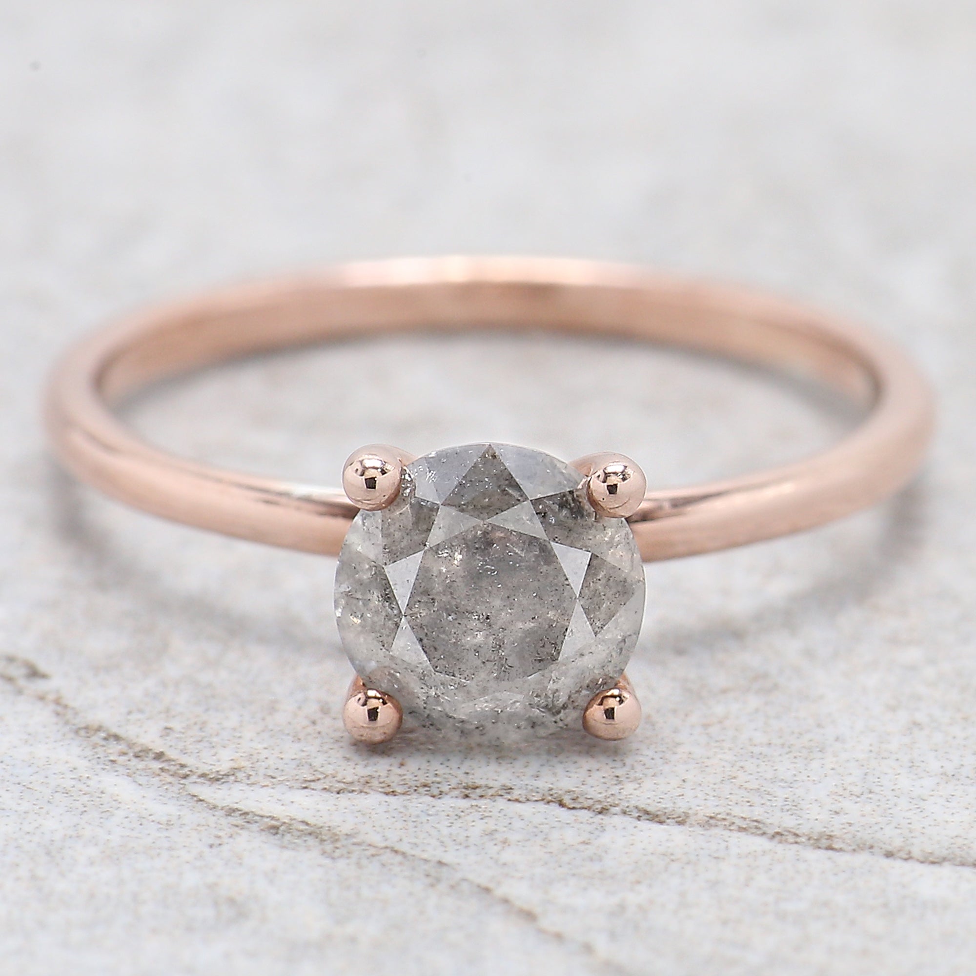 Round Cut Salt And Pepper Diamond Ring 0.98 Ct 6.40 MM Round Diamond Ring 14K Solid Rose Gold Silver Engagement Ring Gift For Her QL2083