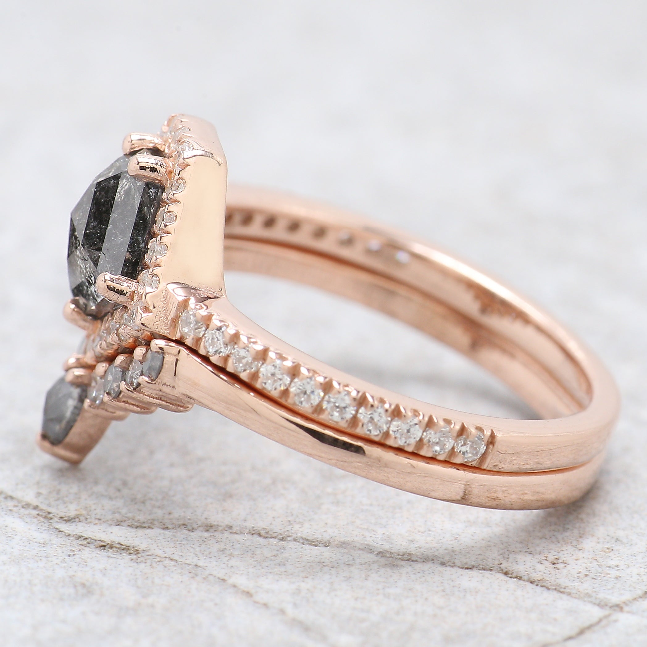 Pentagon Salt And Pepper Diamond Ring 1.12 Ct 6.85 MM Pentagon Diamond Ring 14K Solid Rose Gold Silver Engagement Ring Gift For Her QL1501