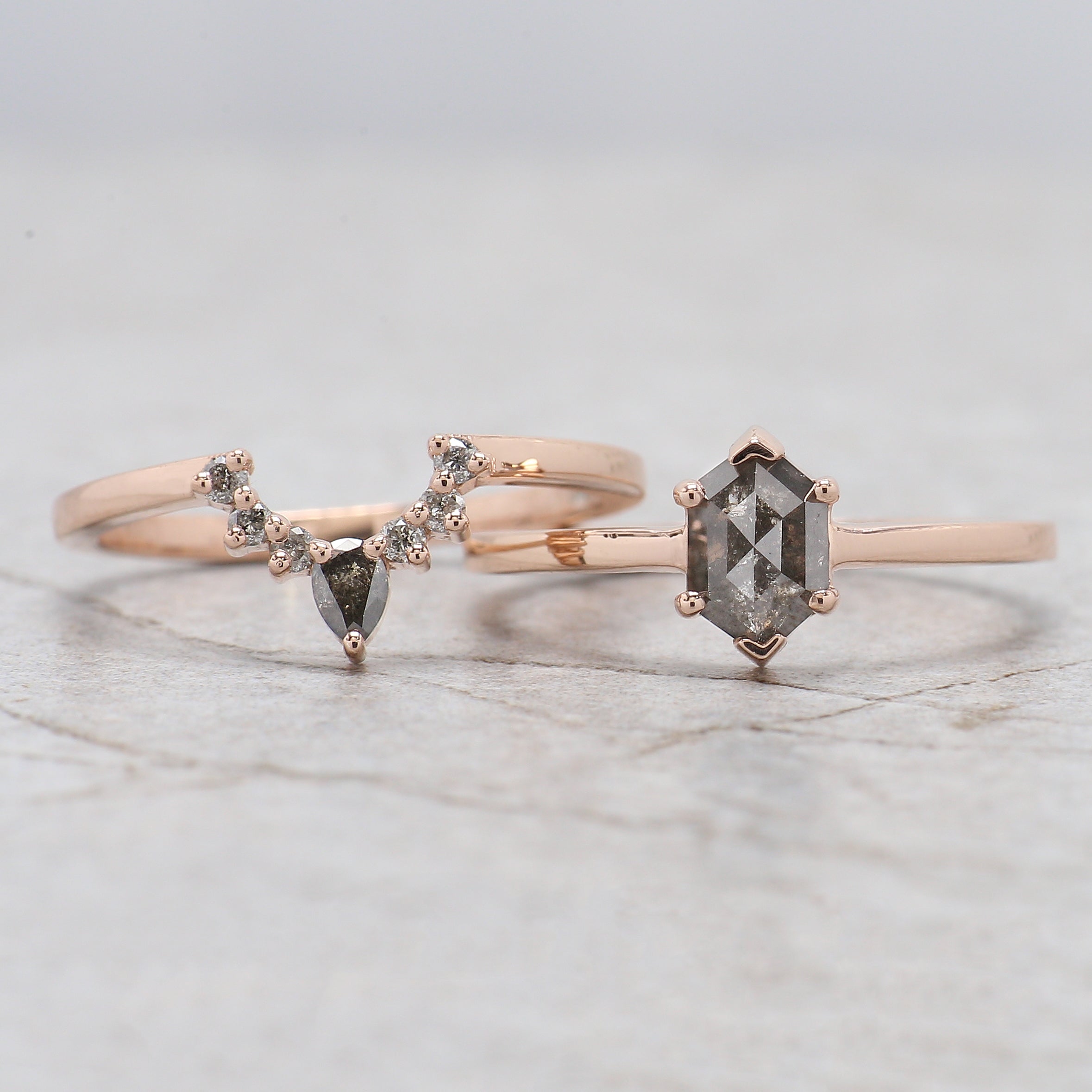 Hexagon Cut Salt And Pepper Diamond Ring 0.70 Ct 7.05 MM Hexagon Diamond Ring 14K Solid Rose Gold Silver Engagement Ring Gift For Her QL8153