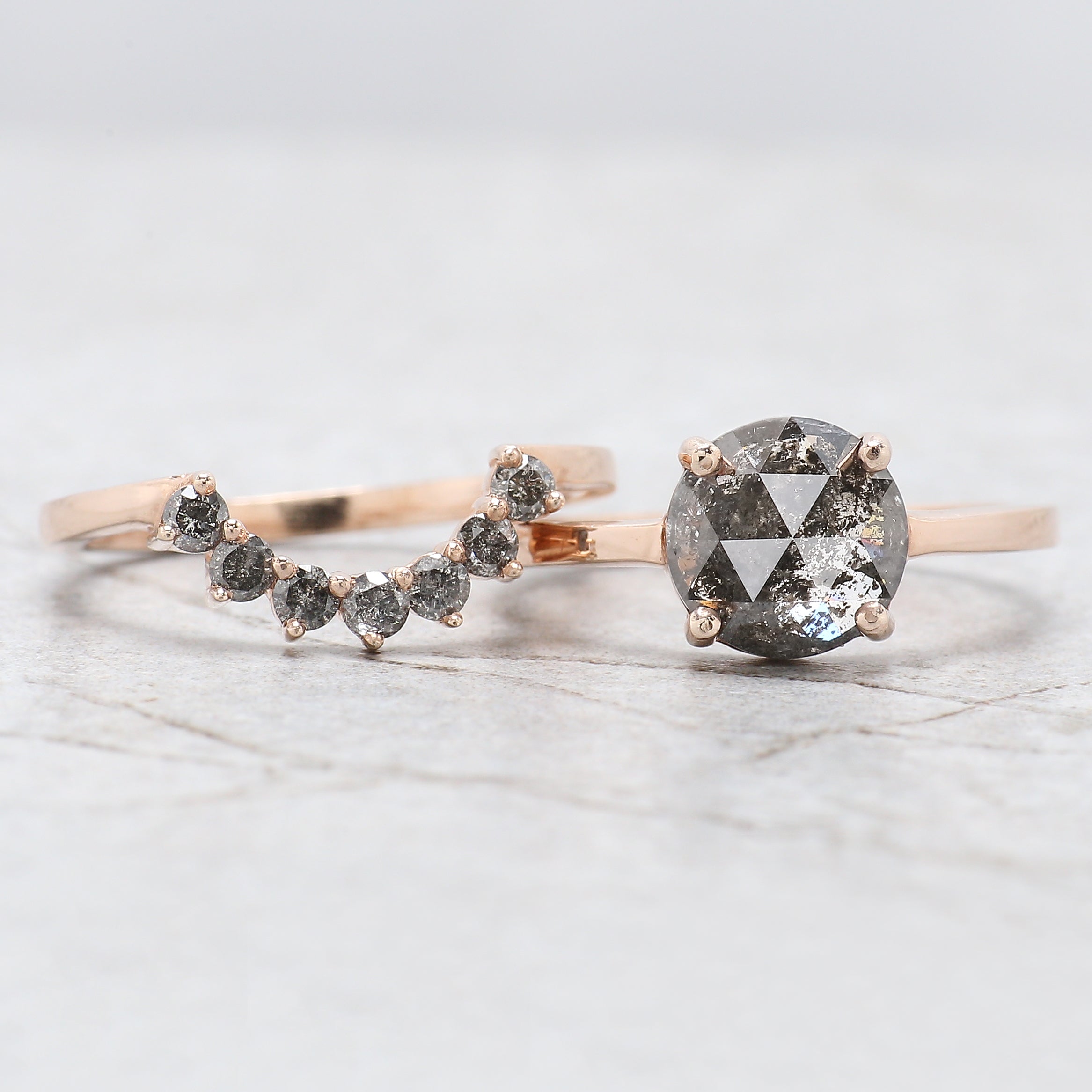 Round Rose Cut Salt And Pepper Diamond Ring 1.80 Ct 8.10 MM Round Diamond Ring 14K Rose Gold Silver Engagement Ring Gift For Her QL1536