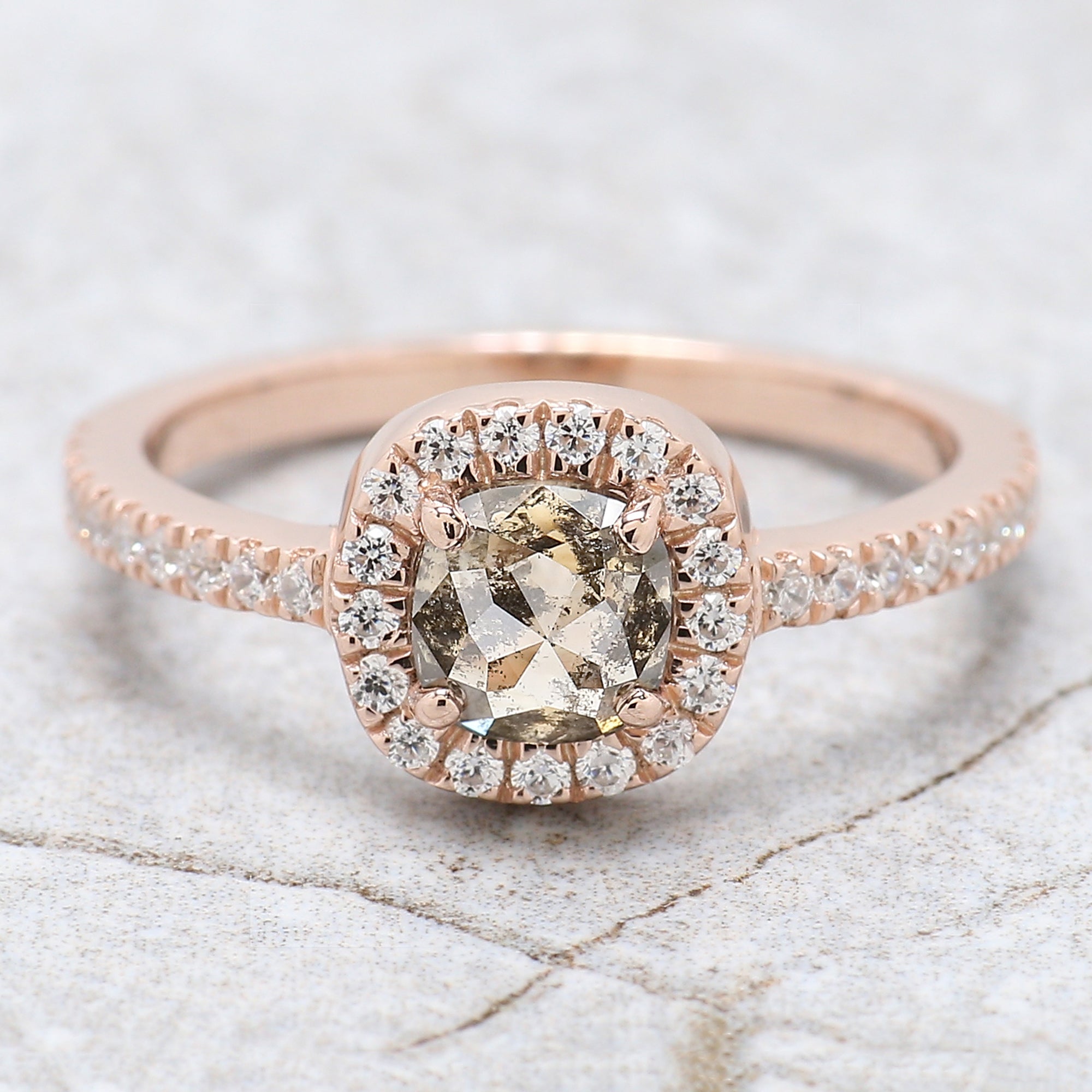 0.85 Ct Natural Cushion Cut Salt And Pepper Diamond Ring 5.35 MM Cushion Shape Diamond Ring 14K Solid Rose Gold Silver Engagement Ring QN709