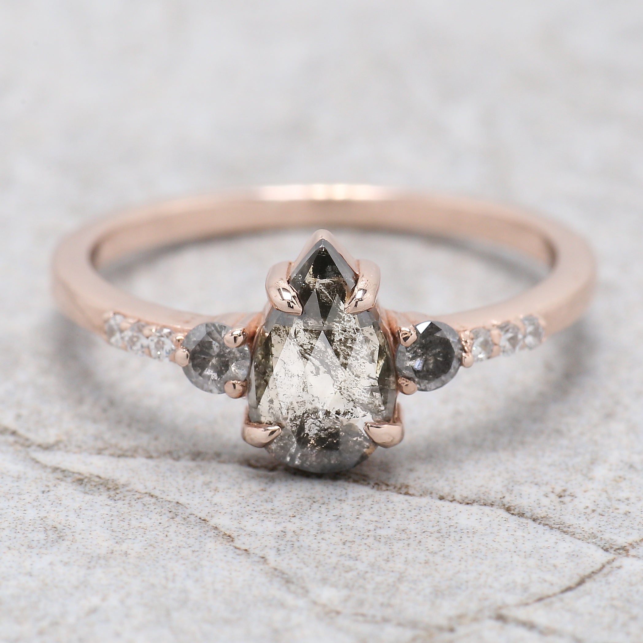 Pear Cut Salt And Pepper Diamond Ring 0.62 Ct 8.20 MM Pear Diamond Ring 14K Solid Rose Gold Silver Pear Engagement Ring Gift For Her QL1574
