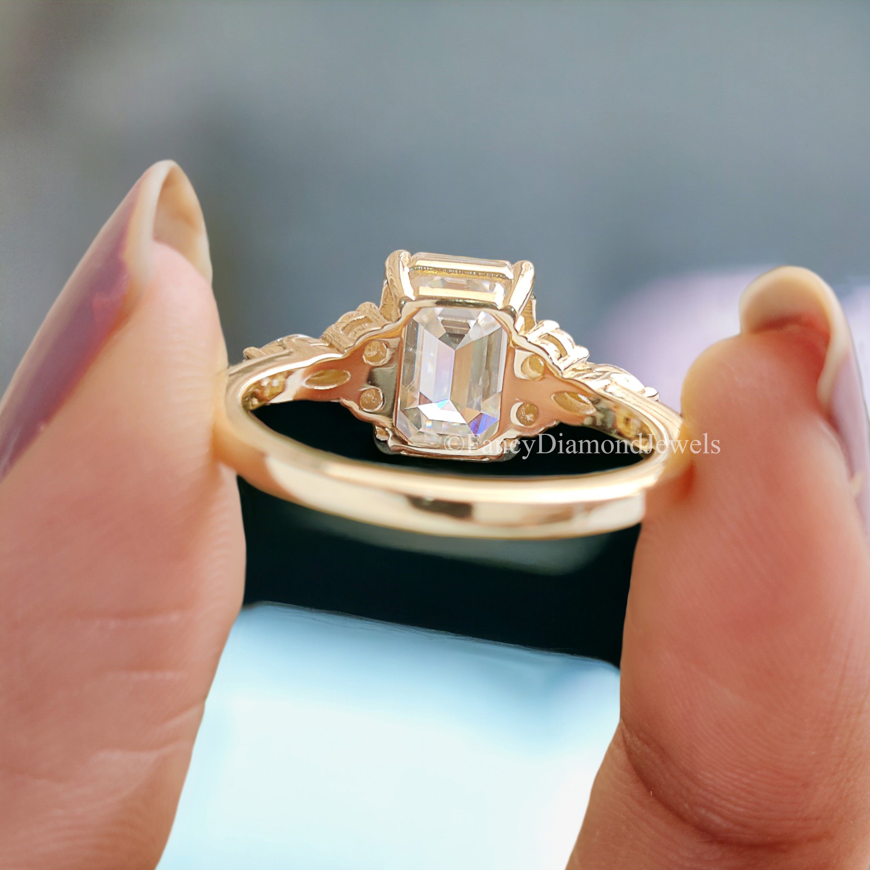 Vintage Emerald Cut Moissanite Engagement Ring Delicate Anniversary Ring Prong Simulated Diamond Ring Milgrain Antique Wedding Ring FD179