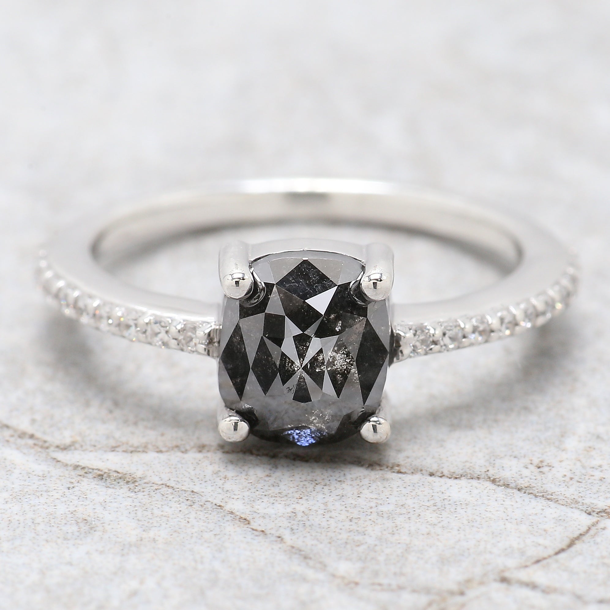 Oval Cut Salt And Pepper Diamond Ring 1.95 Ct 7.50 MM Oval Diamond Ring 14K Solid White Gold Silver Oval Engagement Ring Gift For Her QN9093